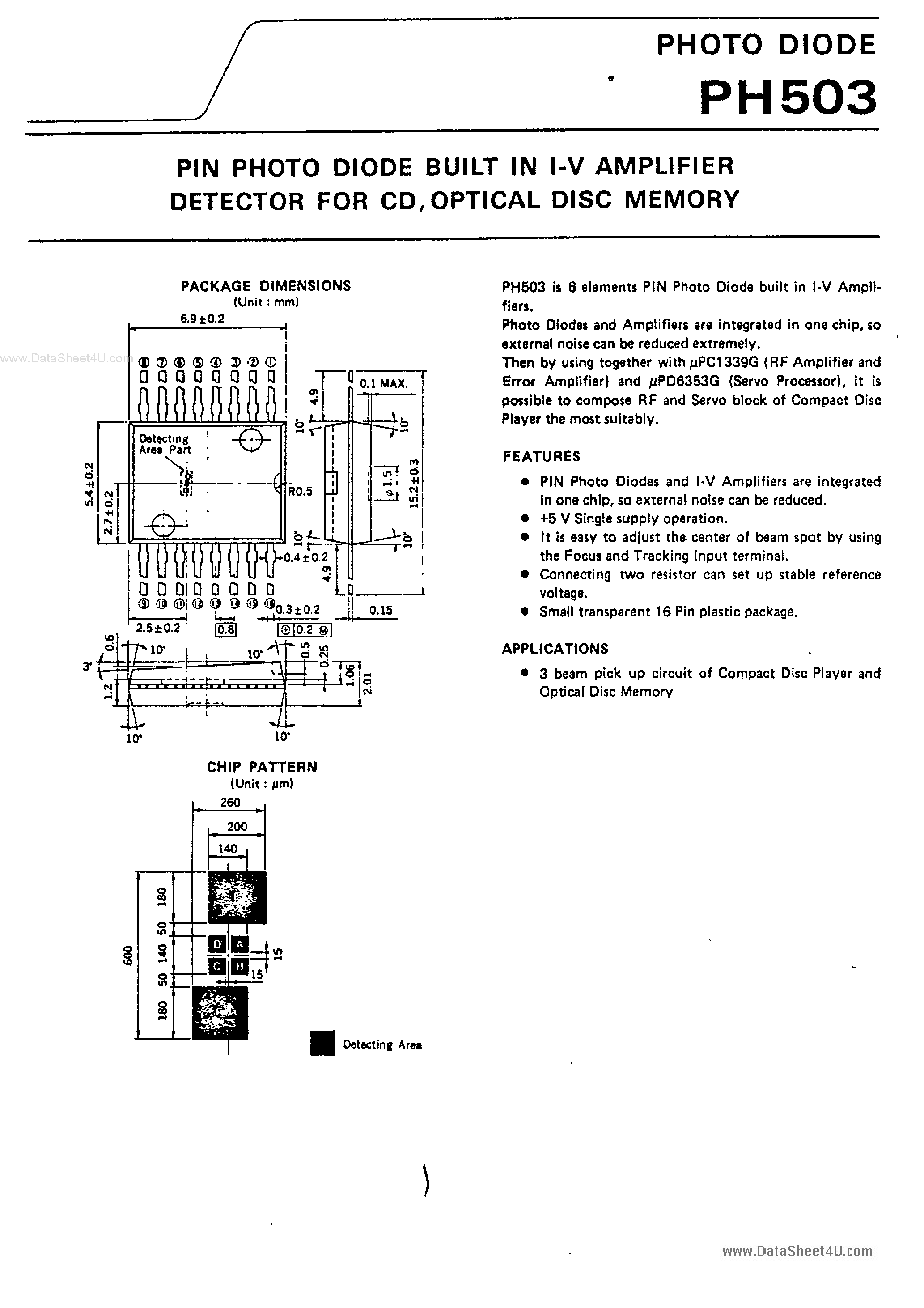 Datasheet PH503 - PIN PHOTO DIODE BUILT IN I-V AMPLIFIER DETECTOR page 1