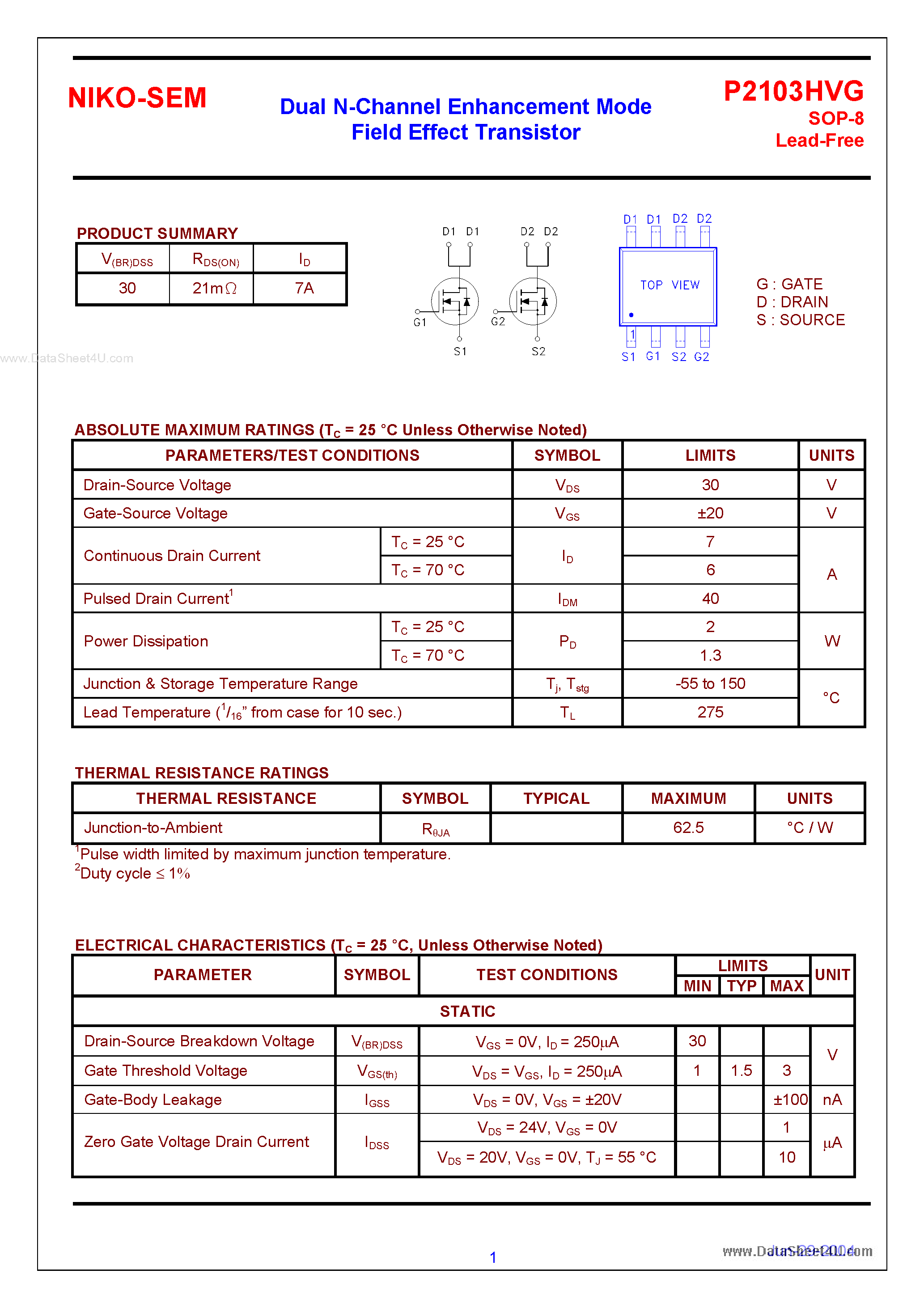 Datasheet P2103HVG - Dual N-Channel Enhancement Mode Field Effect Transistor page 1