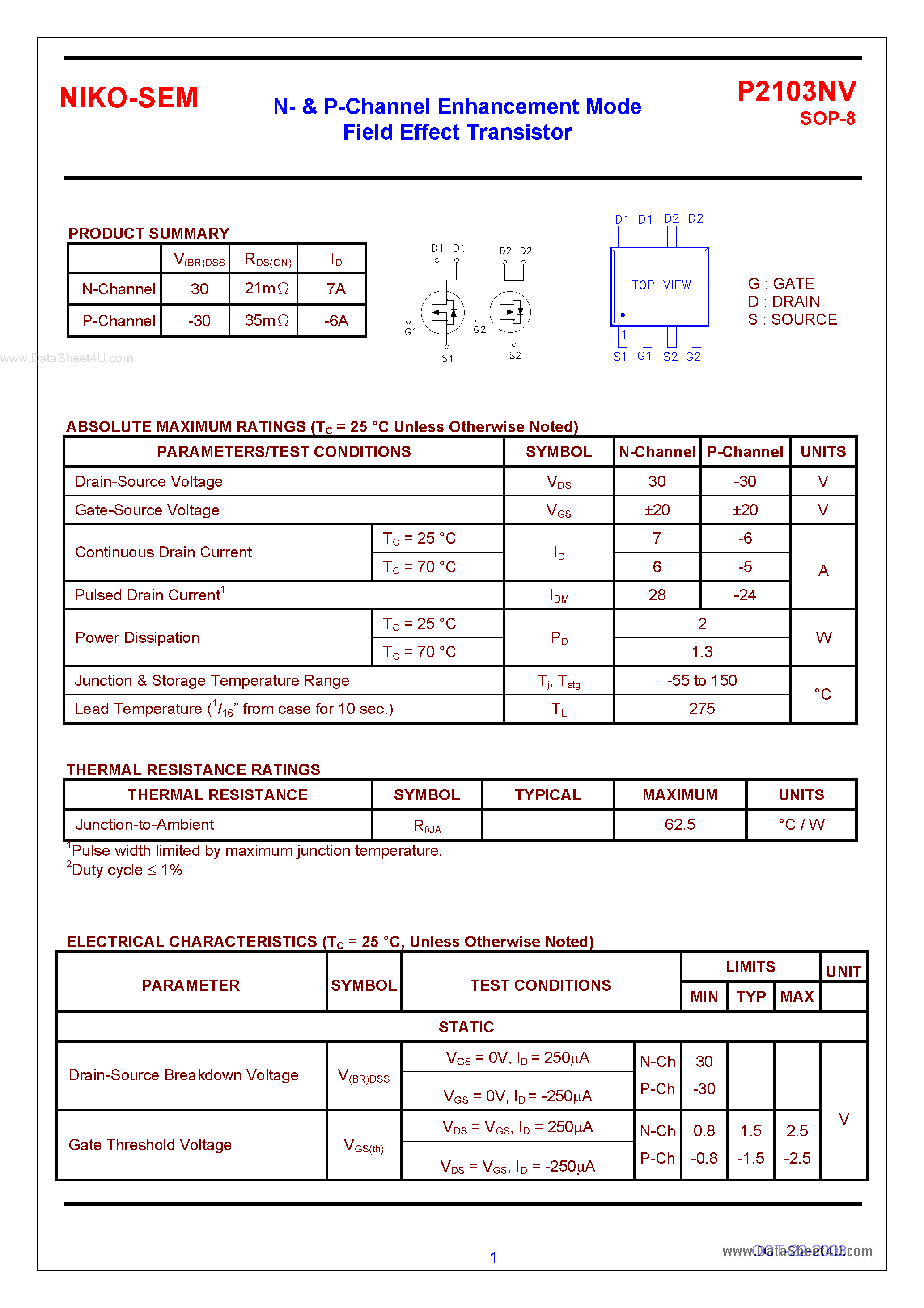 Datasheet P2103NV page 1 Datasheet P2103NV - N- & P-Channel Enhancement Mode Field Effect Transistor page 1