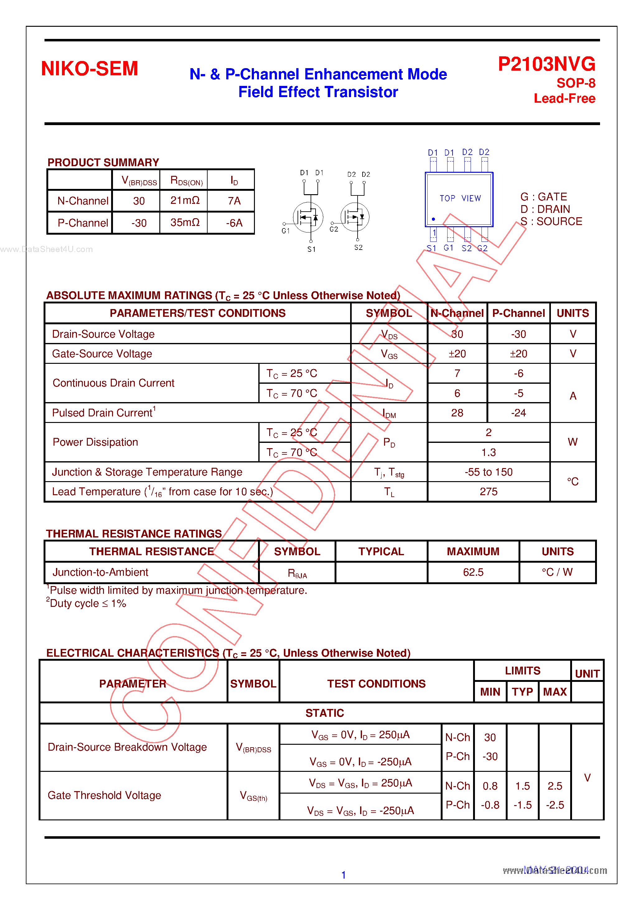 Datasheet P2103NVG - N- & P-Channel Enhancement Mode Field Effect Transistor page 1