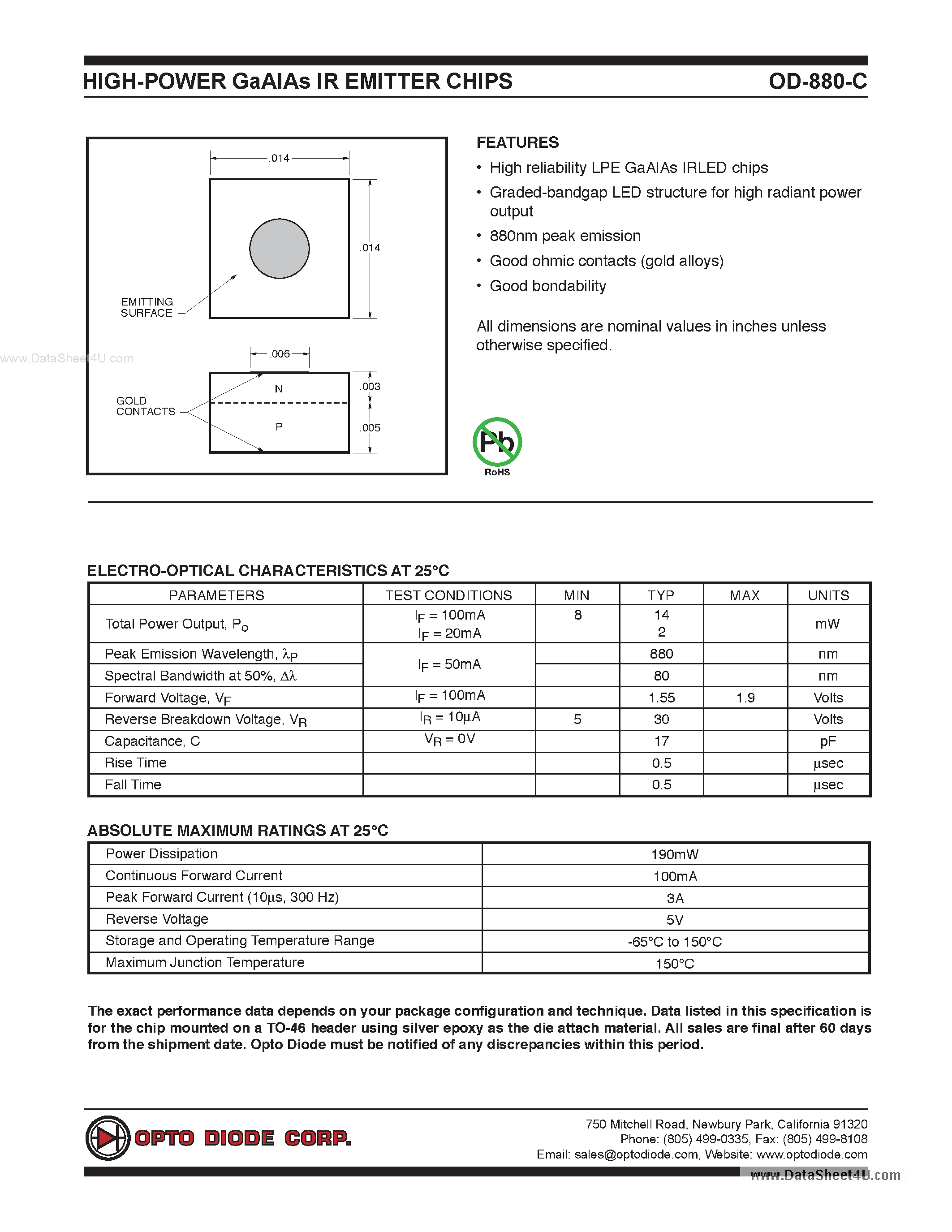 Datasheet OD-880-C - HIGH-POWER GaAlAs IR EMITTER CHIPS page 1