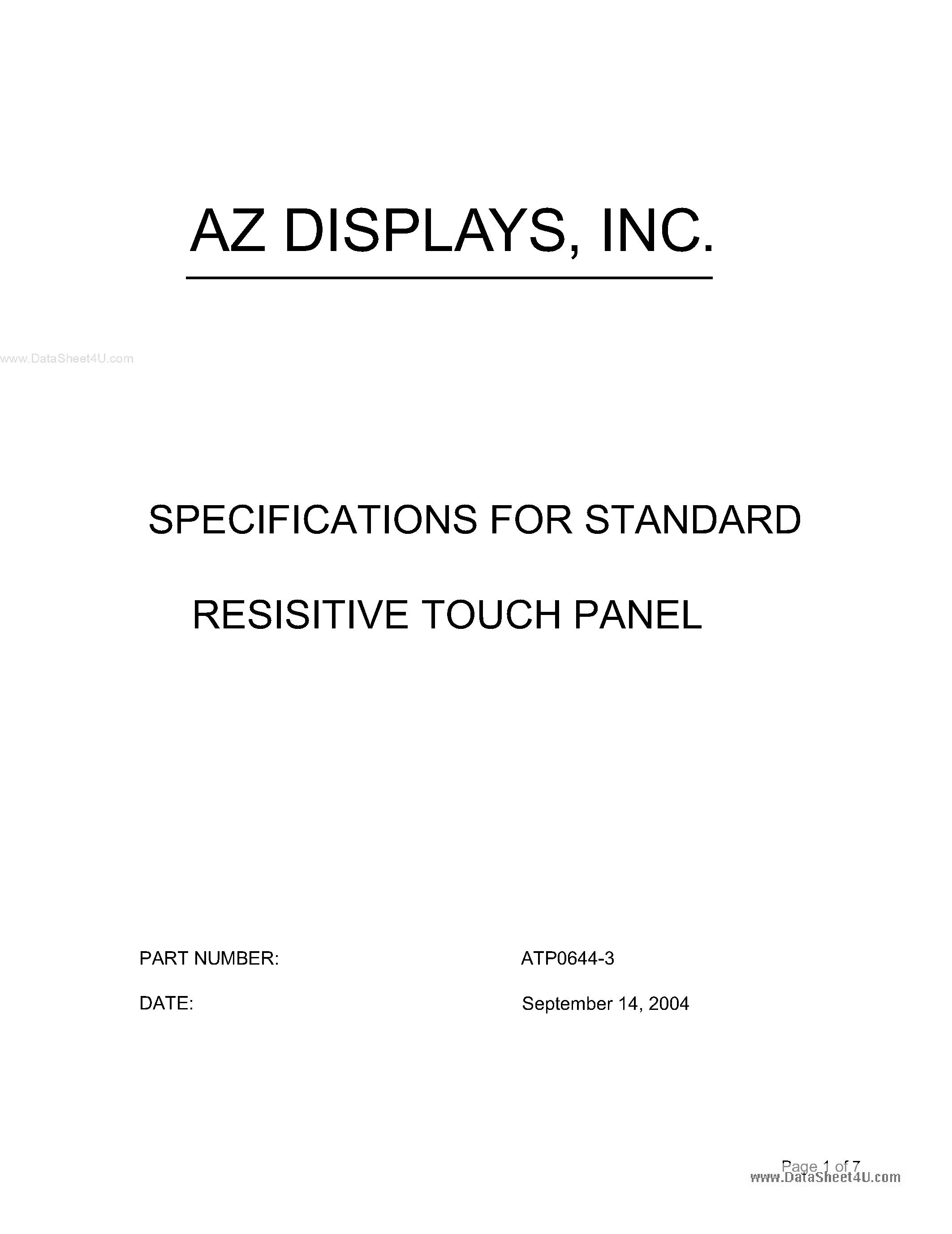 Datasheet ATP0644-3 - SPECIFICATIONS FOR STANDARD RESISITIVE TOUCH PANEL page 1