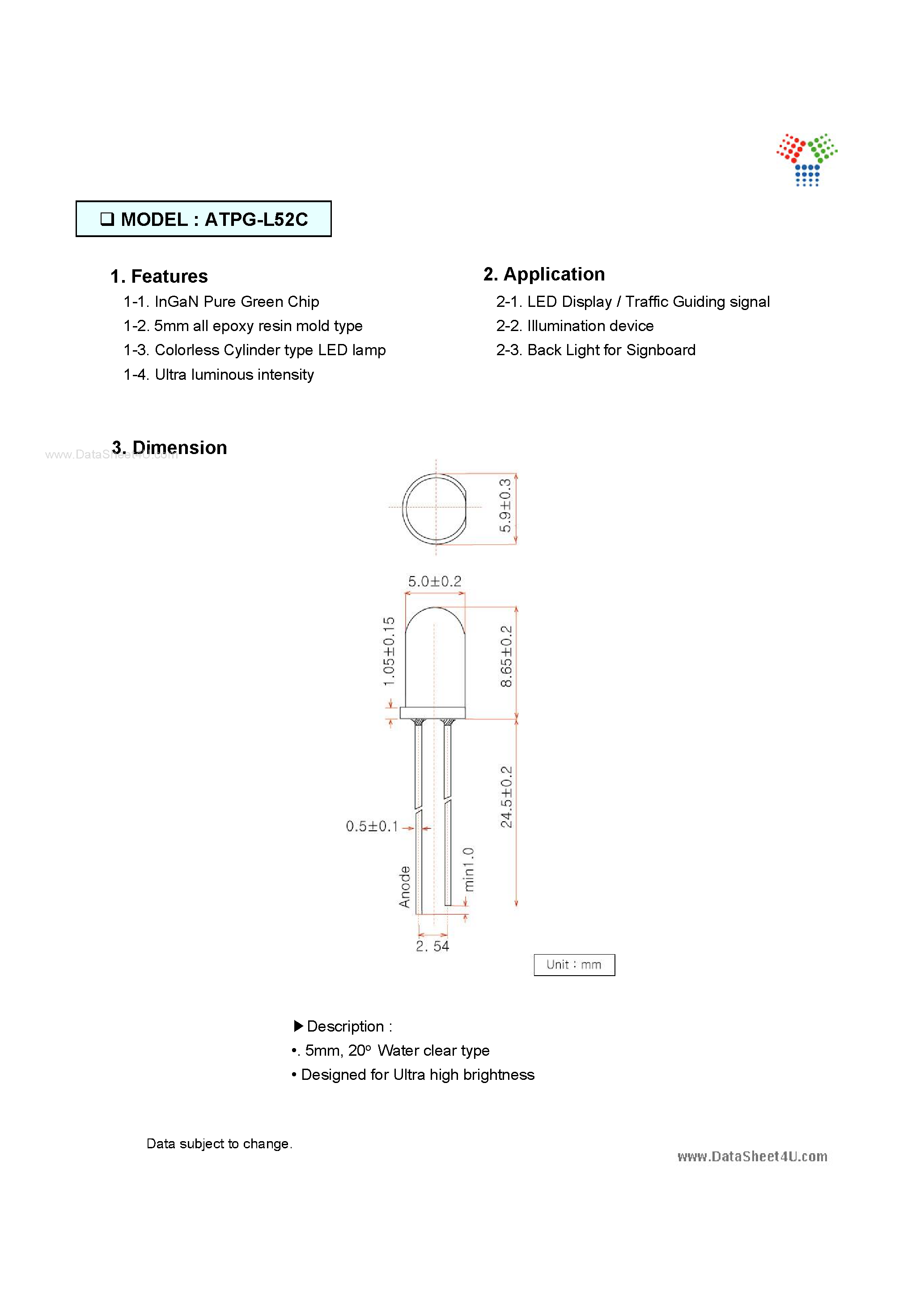 Datasheet ATPG-L52C - 5 Pure Green LED LAMP page 2