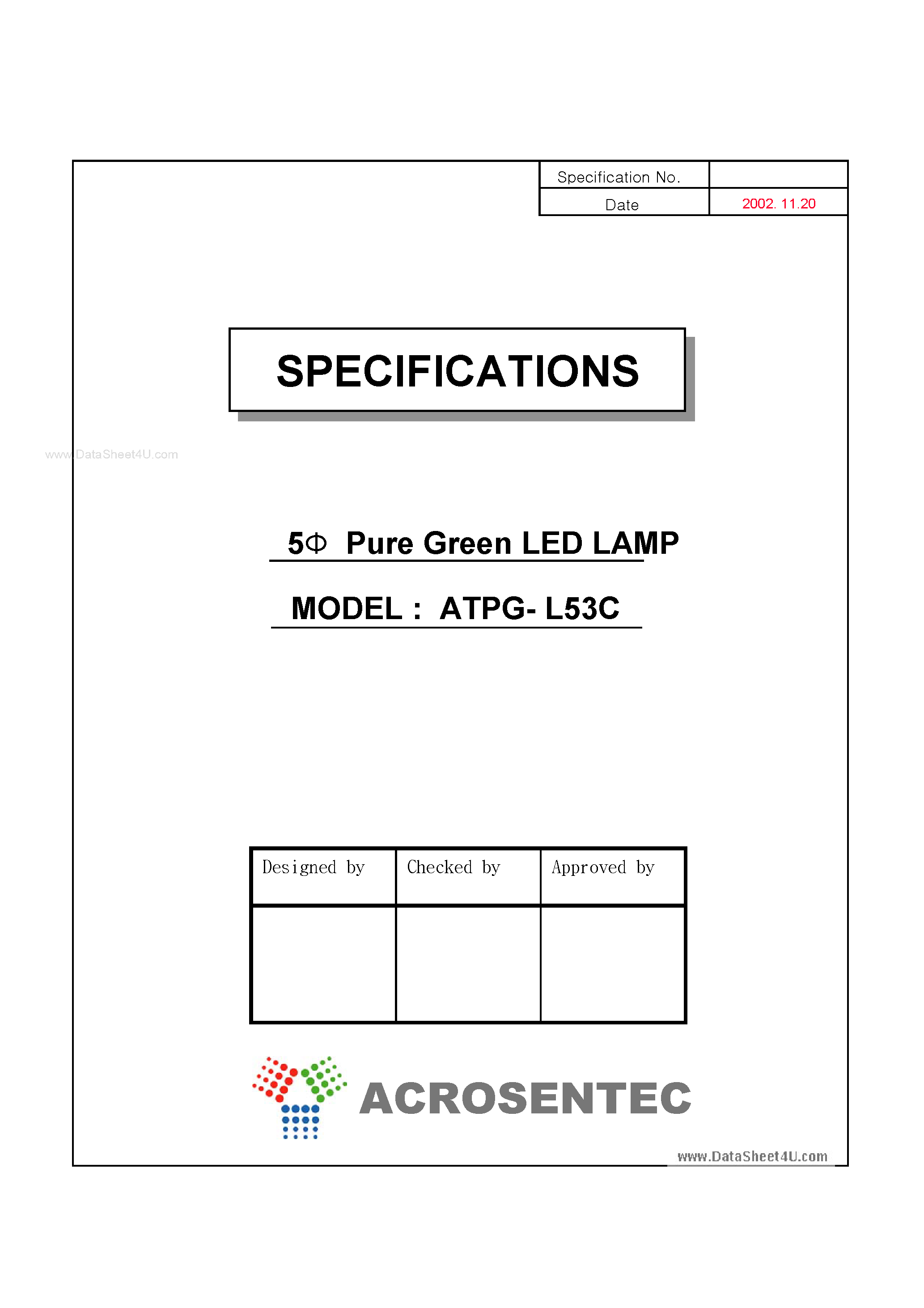 Datasheet ATPG-L53C - 5 Pure Green LED LAMP page 1