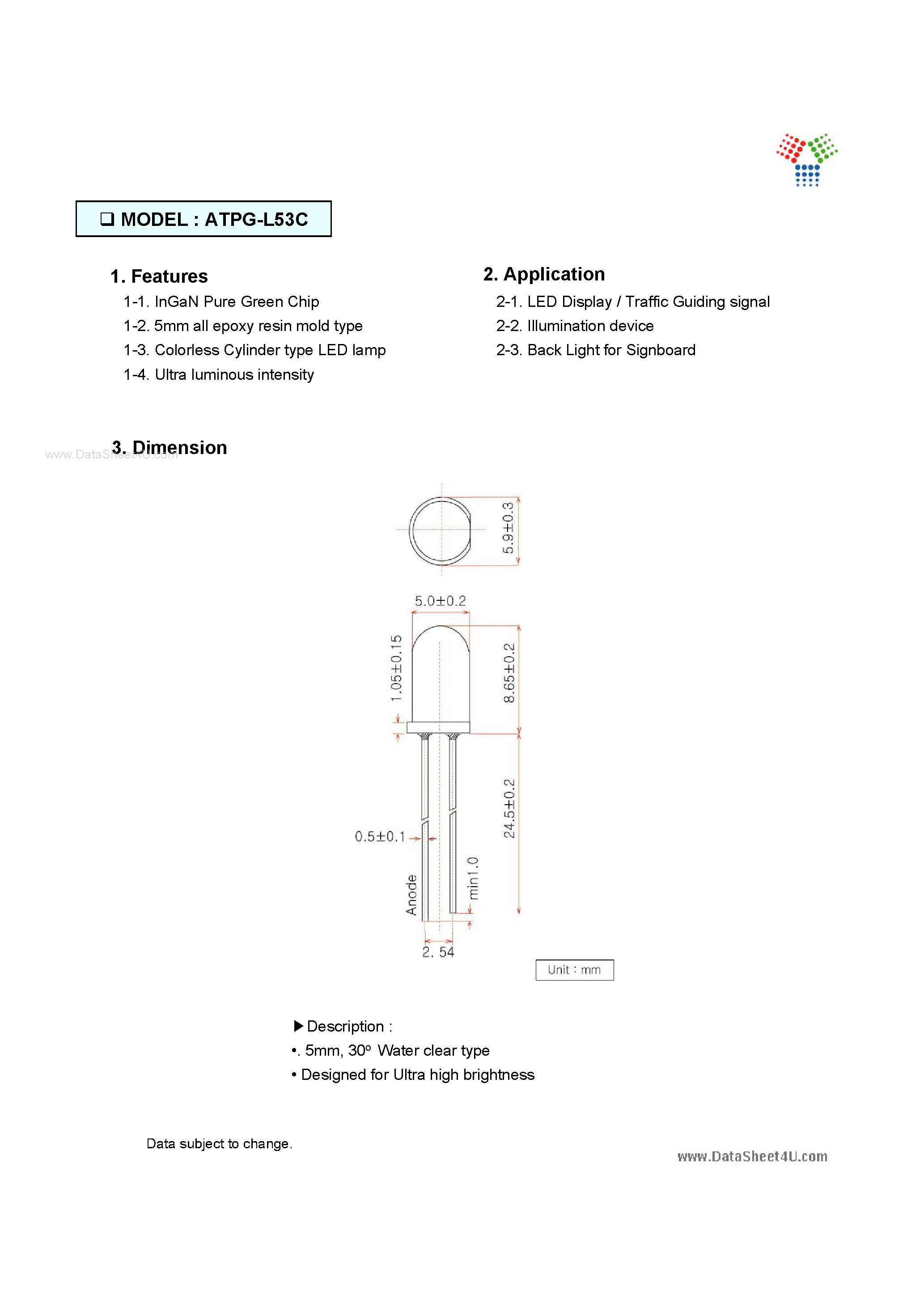 Datasheet ATPG-L53C - 5 Pure Green LED LAMP page 2
