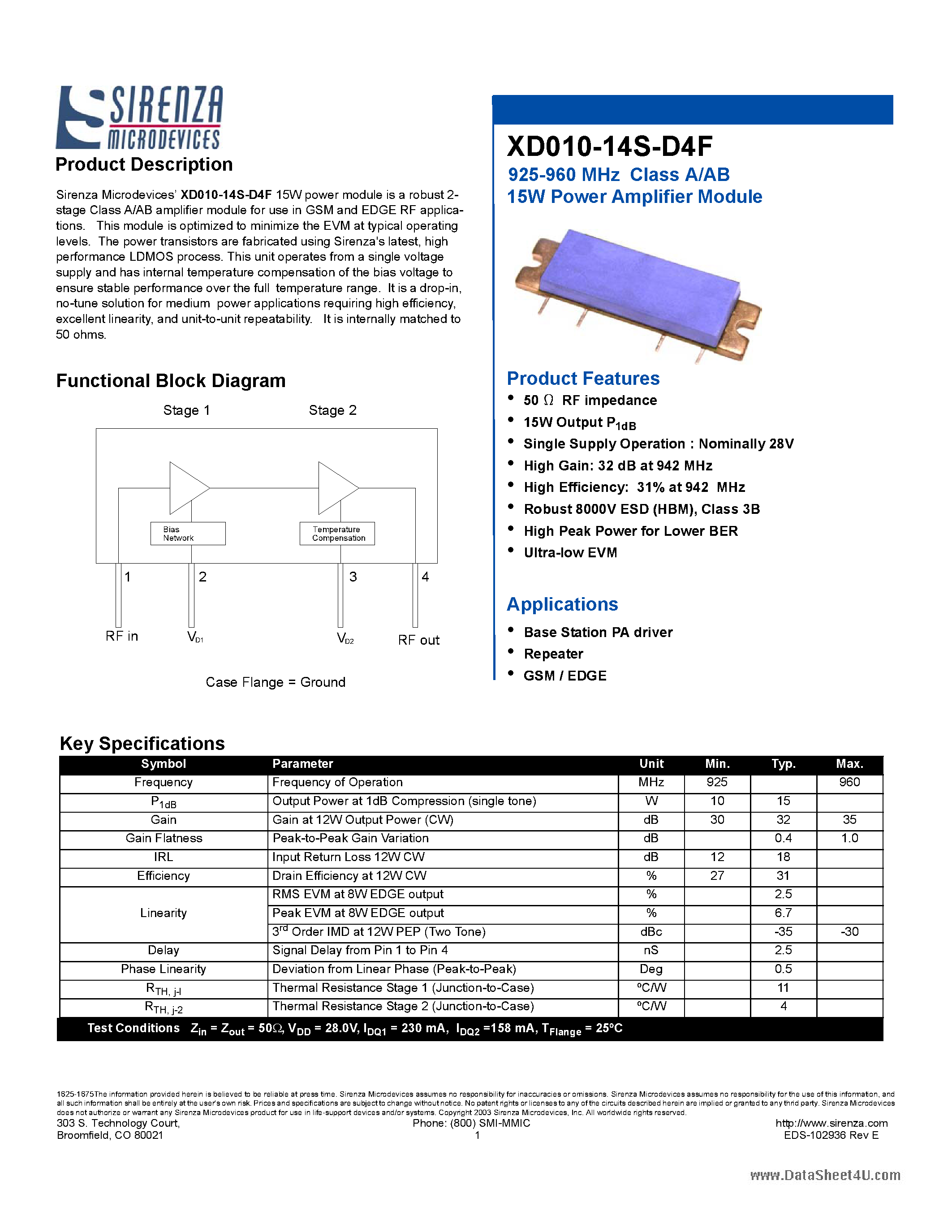 Datasheet XD010-14S-D4F - Class A/AB 15W Power Amplifier Module page 1