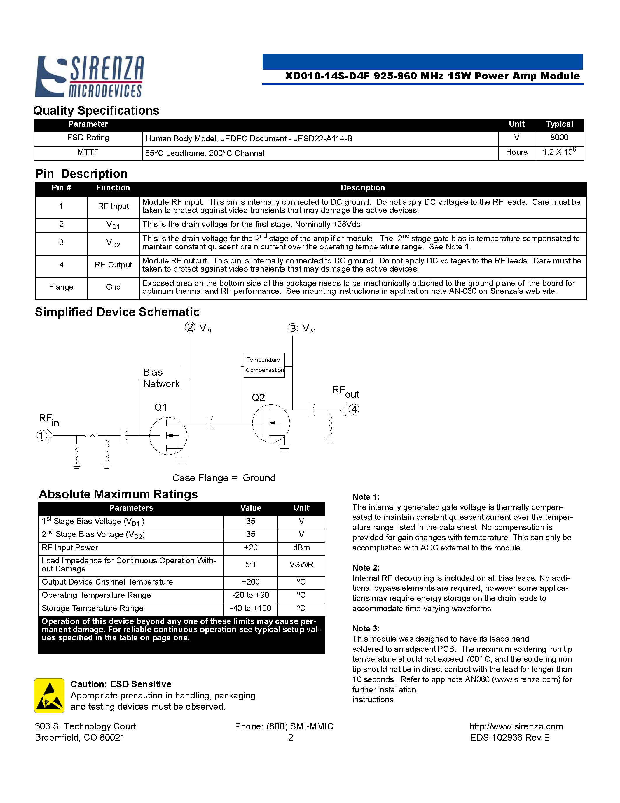Datasheet XD010-14S-D4F - Class A/AB 15W Power Amplifier Module page 2