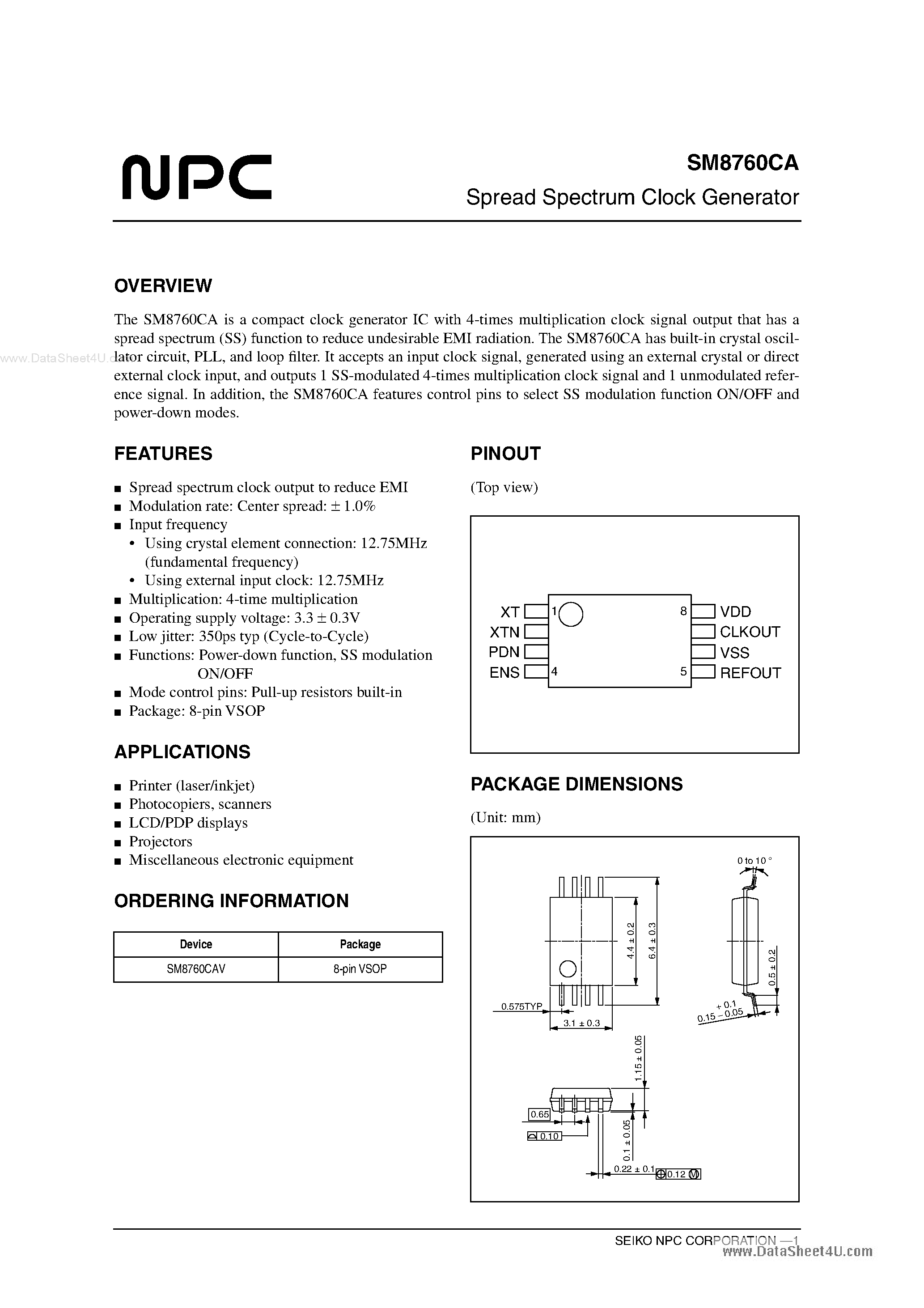 Даташит SM8760CA - Spread Spectrum Clock Generator страница 1
