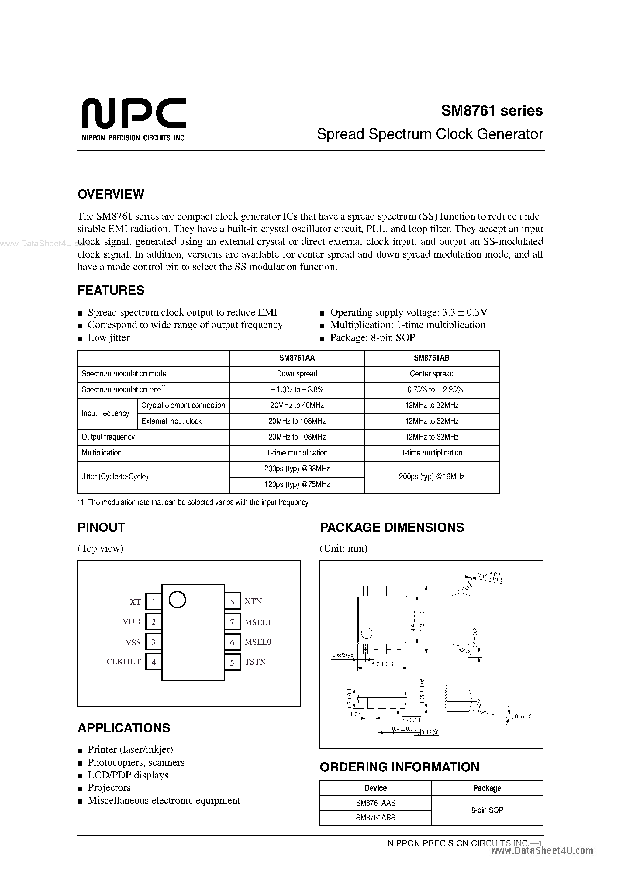 Даташит SM8761 - Spread Spectrum Clock Generator страница 1