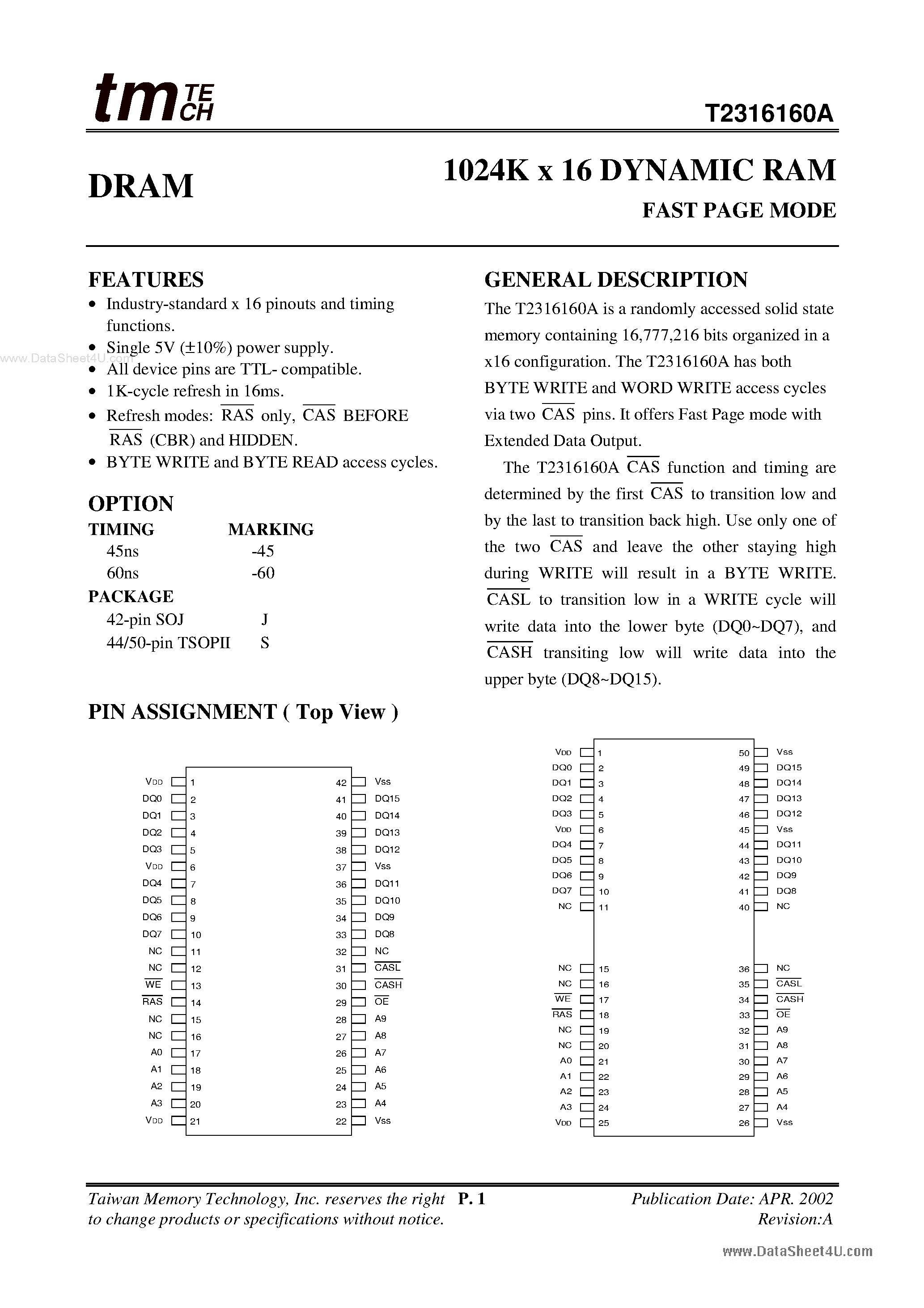 Даташит T2316160A - 1024K x 16 DYNAMIC RAM FAST PAGE MODE страница 1