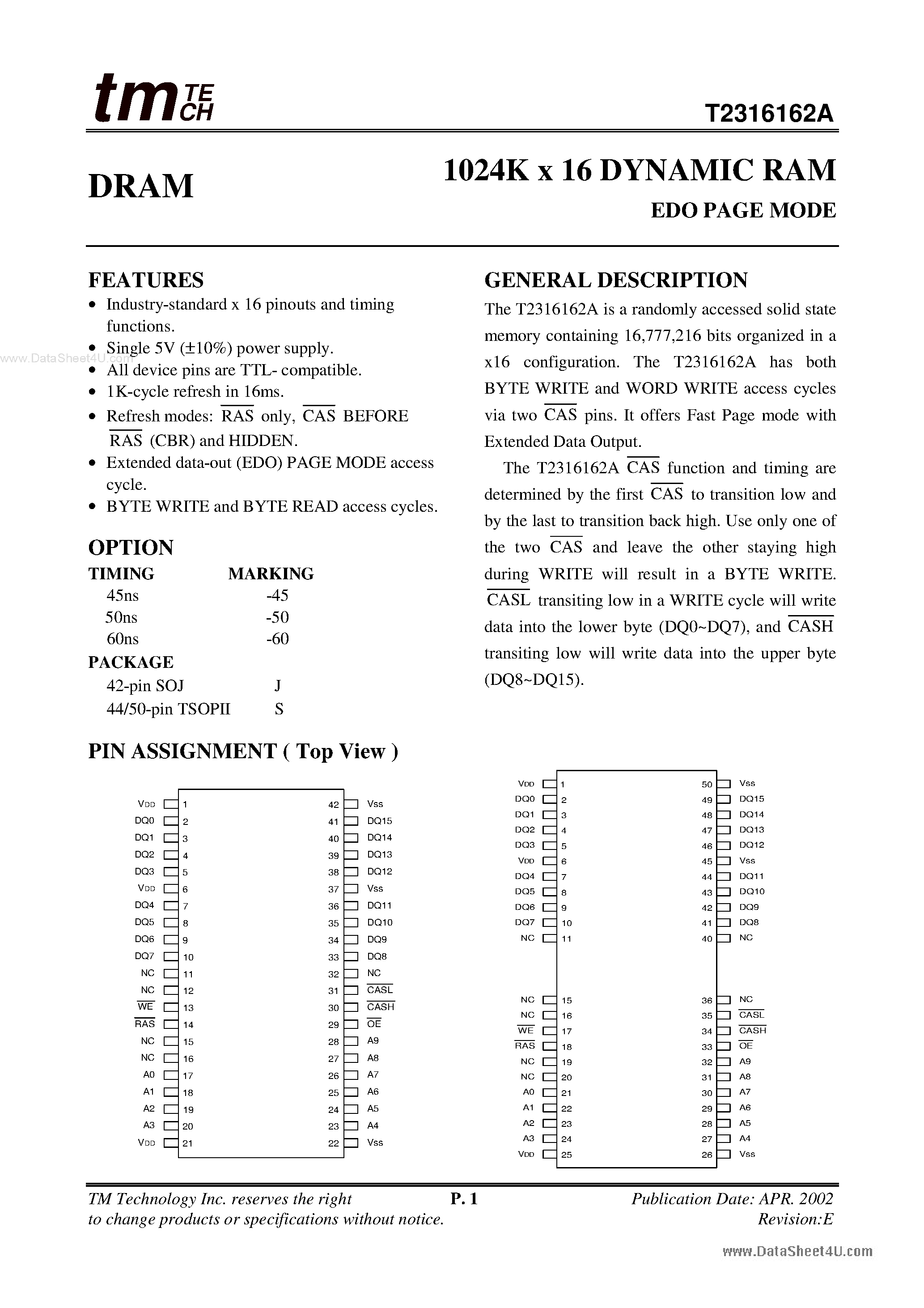 Даташит T2316162A - 1024K x 16 DYNAMIC RAM EDO PAGE MODE страница 1