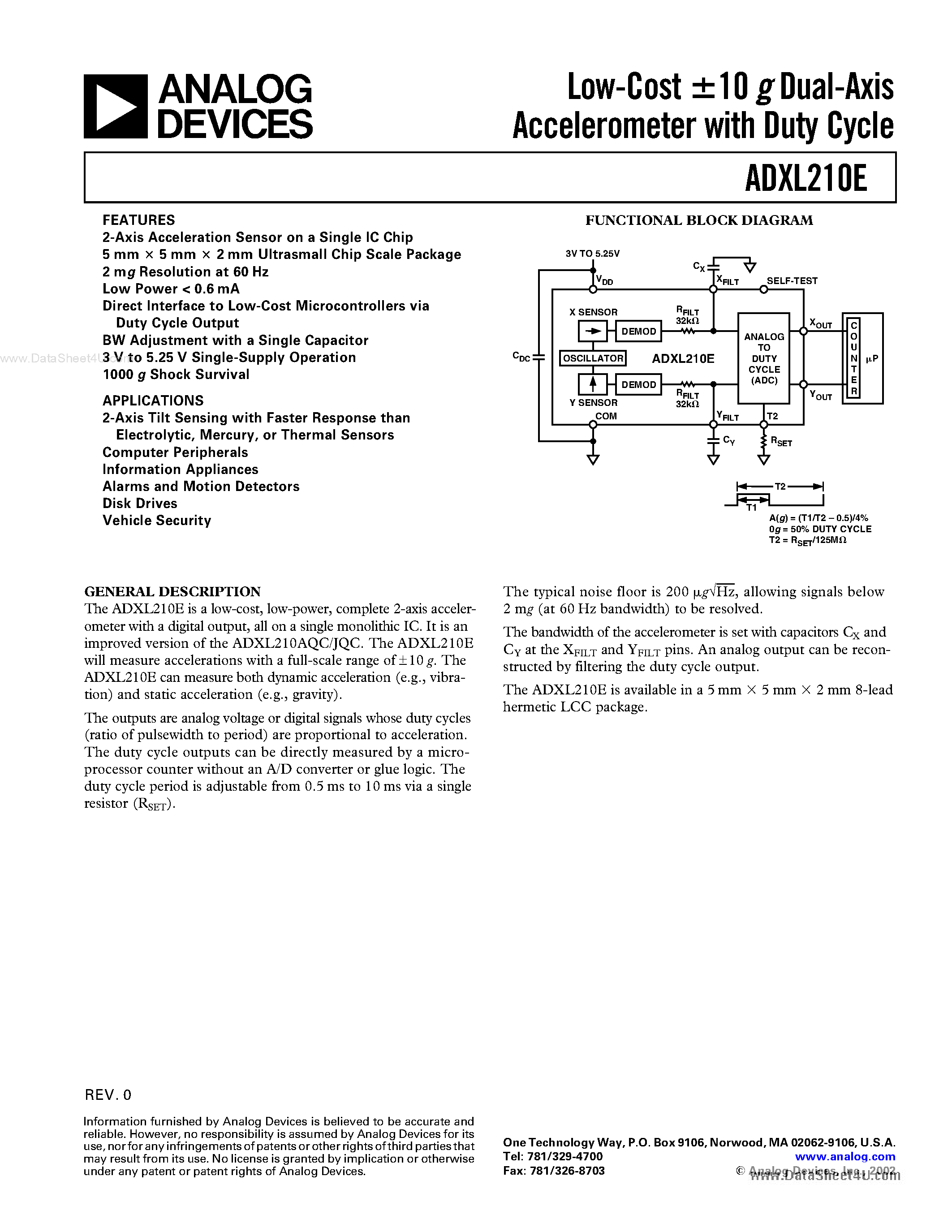 Datasheet ADXL210E - Low-Cost 10 g Dual-Axis Accelerometer page 1