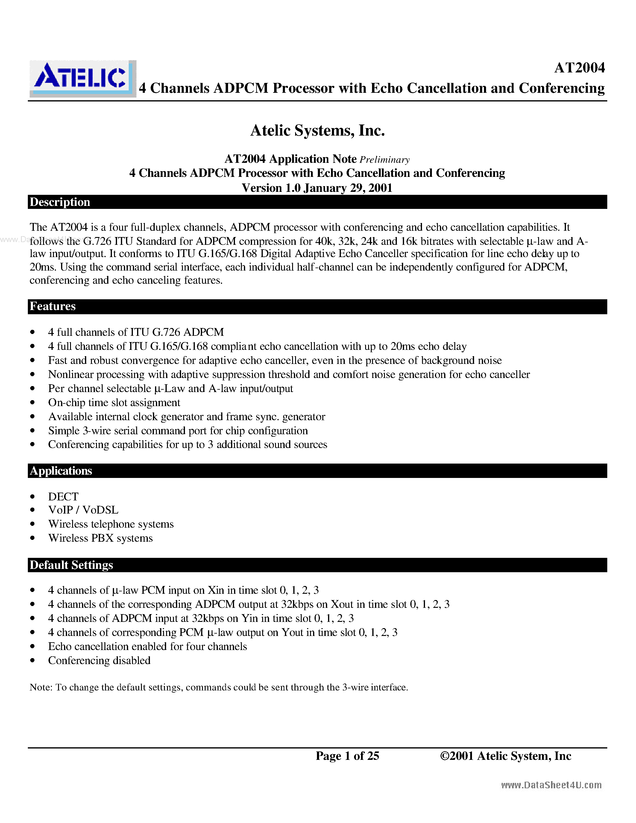 Datasheet AT2004 page 1 Datasheet AT2004 - 4 Channels ADPCM Processor page 1