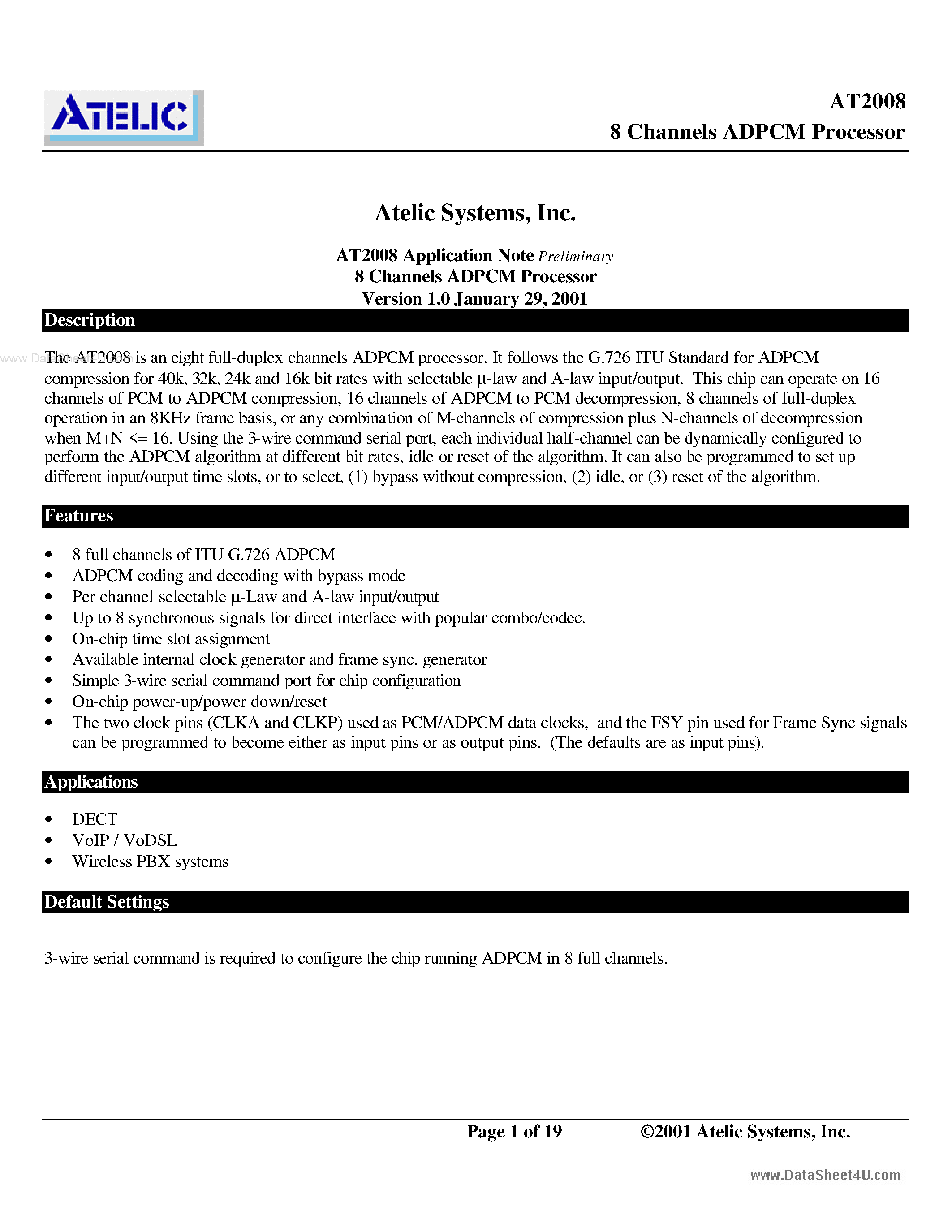 Datasheet AT2008 page 1 Datasheet AT2008 - 8 Channels ADPCM Processor page 1