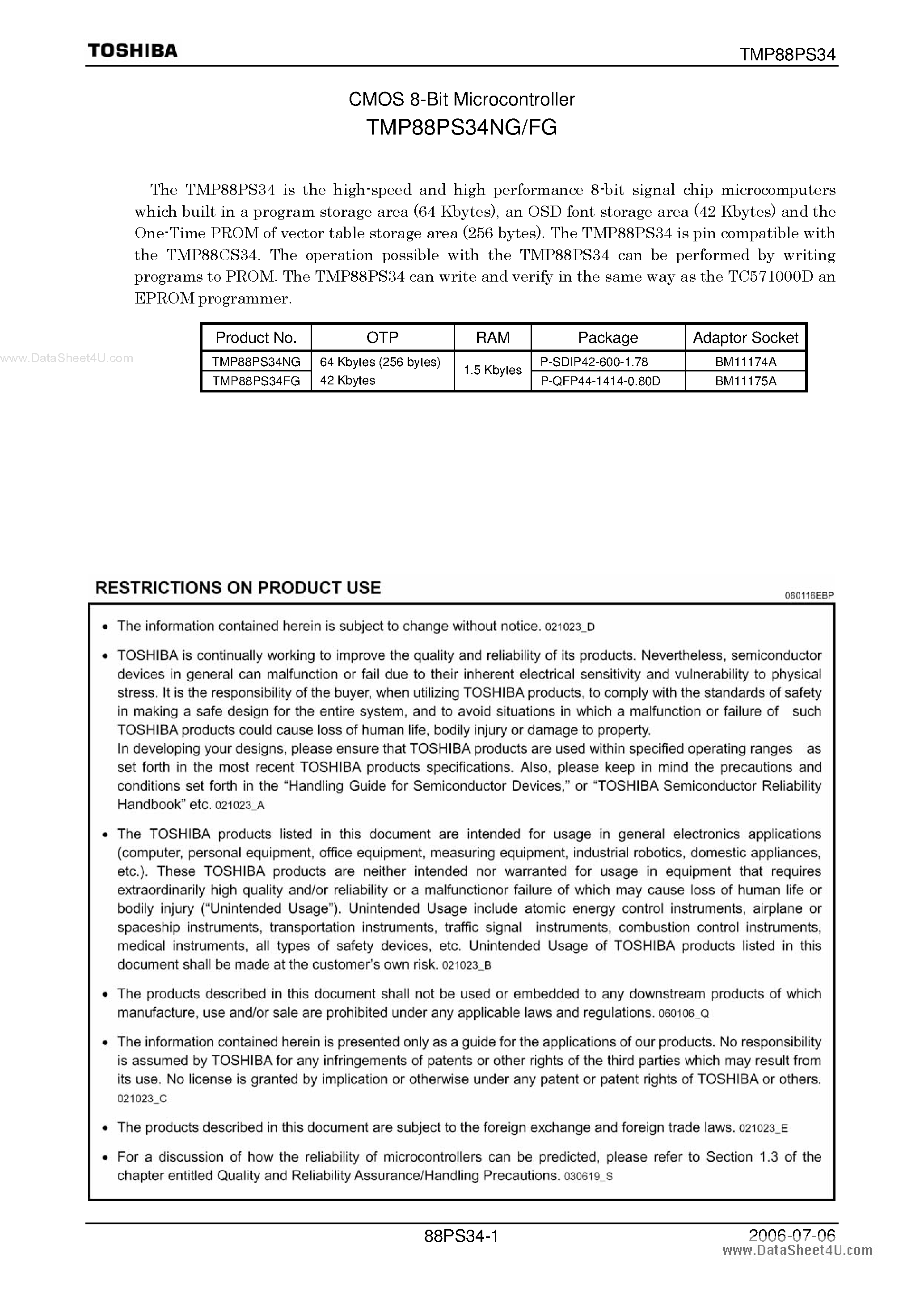 Datasheet TMP88PS34FG - CMOS 8-Bit Microcontroller page 1