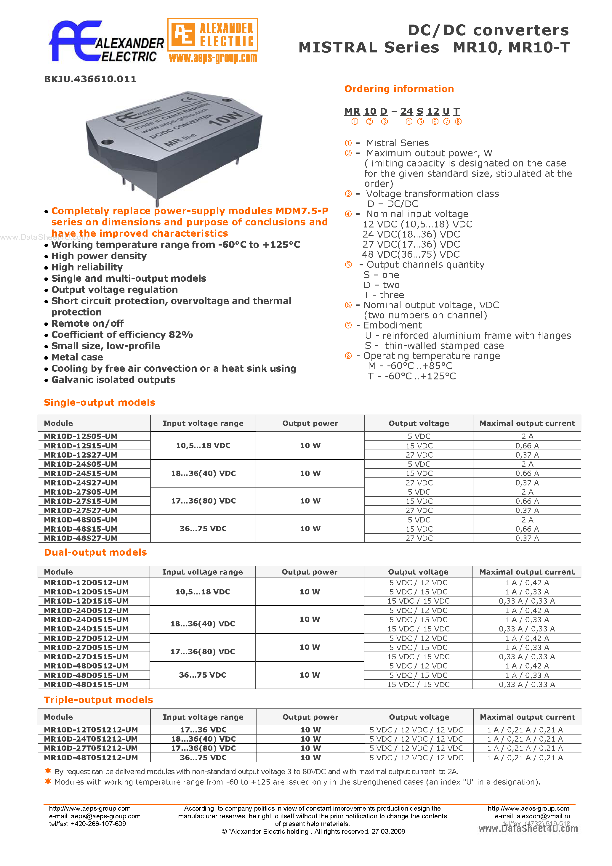 Datasheet MR10 - DC/DC converters page 1