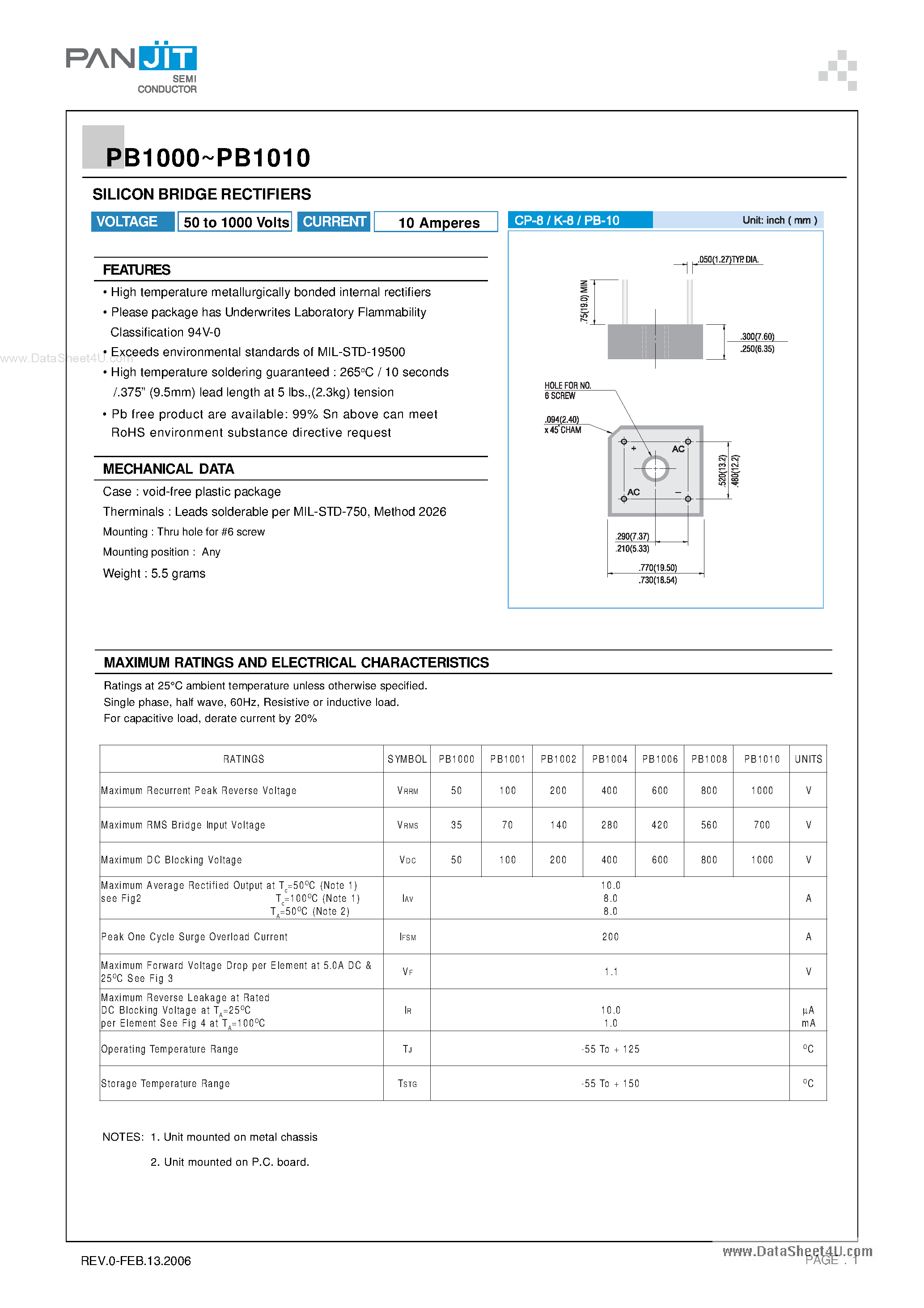 Datasheet PB1000 page 1 Datasheet PB1000 - (PB1000 - PB1010) SILICON BRIDGE RECTIFIERS page 1