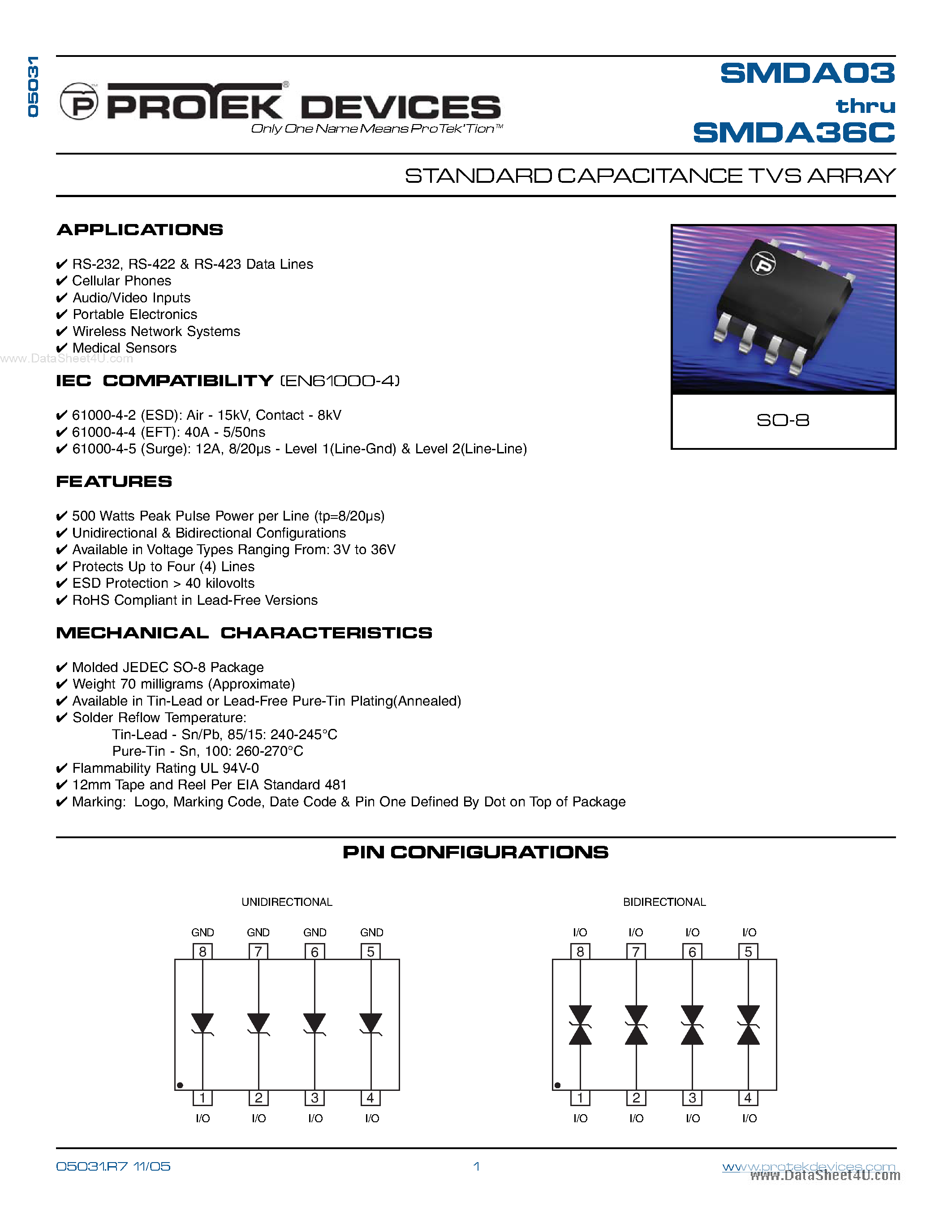 Даташит на микросхему SMDA08 страница 1 Даташит SMDA08 - (SMDA03 - SMDA36C) STANDARD CAPACITANCE TVS ARRAY страница 1