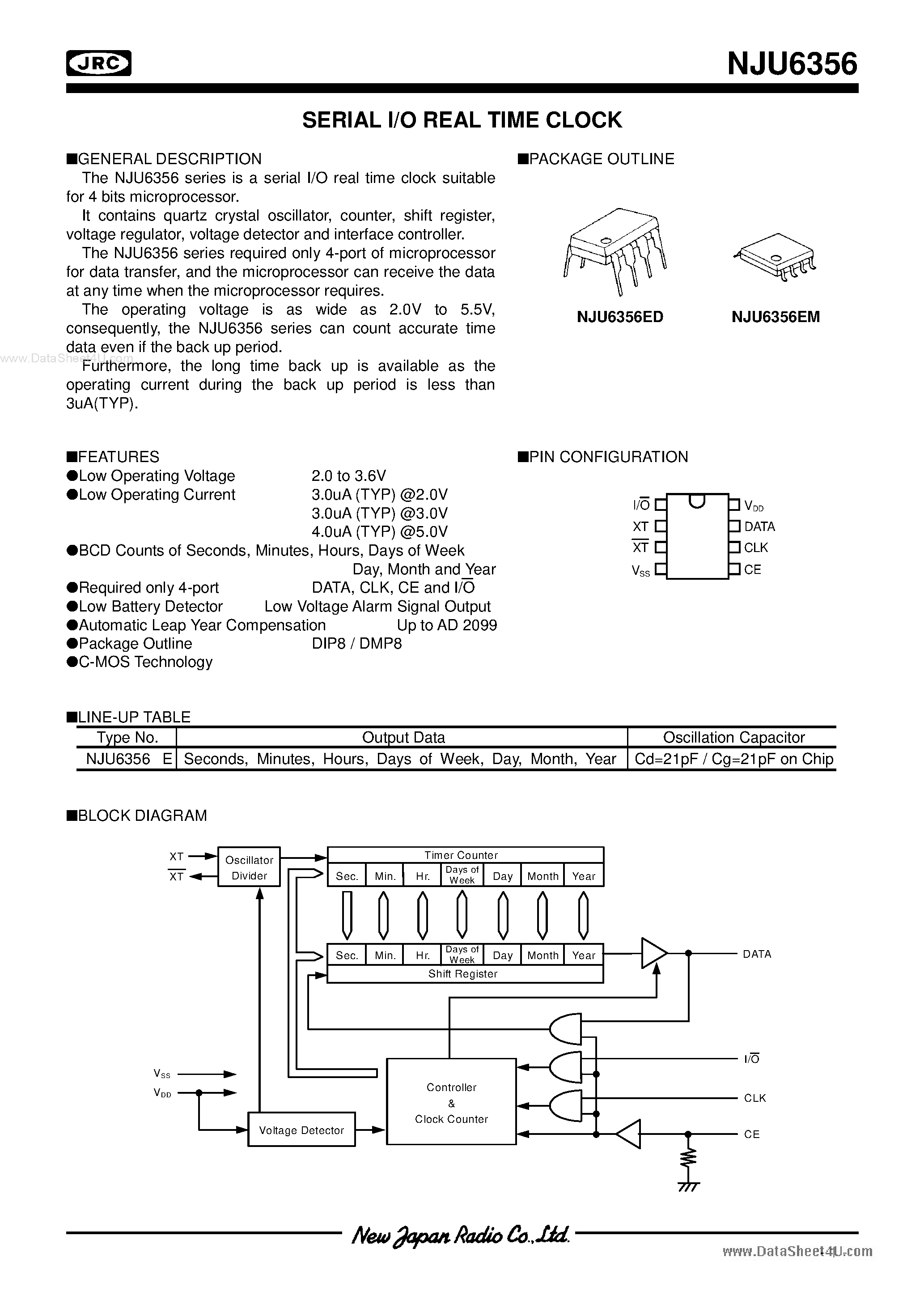 Даташит NJU6356 - SERIAL I/O REAL TIME CLOCK страница 1