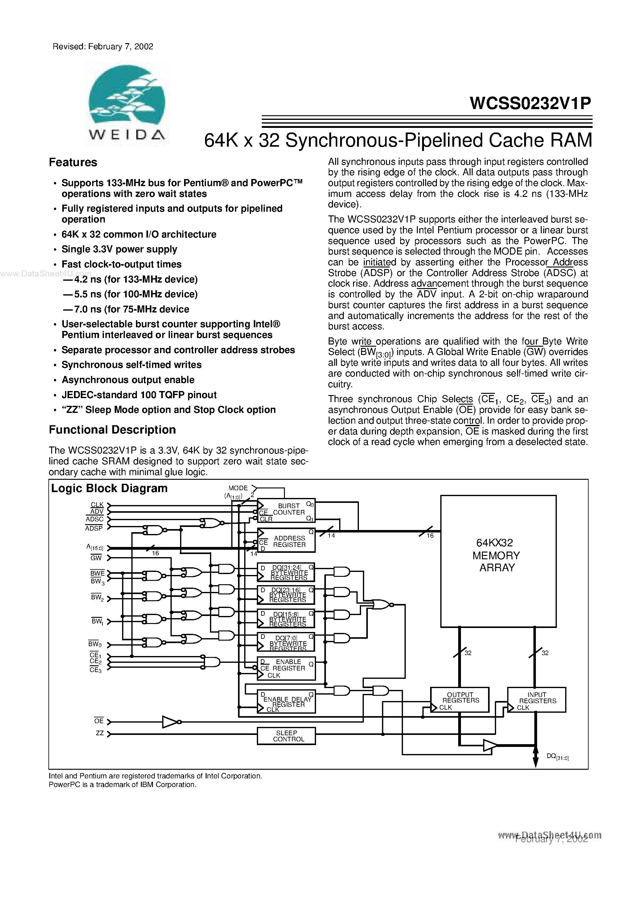 Datasheet WCSS0232V1P page 1 Datasheet WCSS0232V1P - 64K x 32 Synchronous-Pipelined Cache RAM page 1
