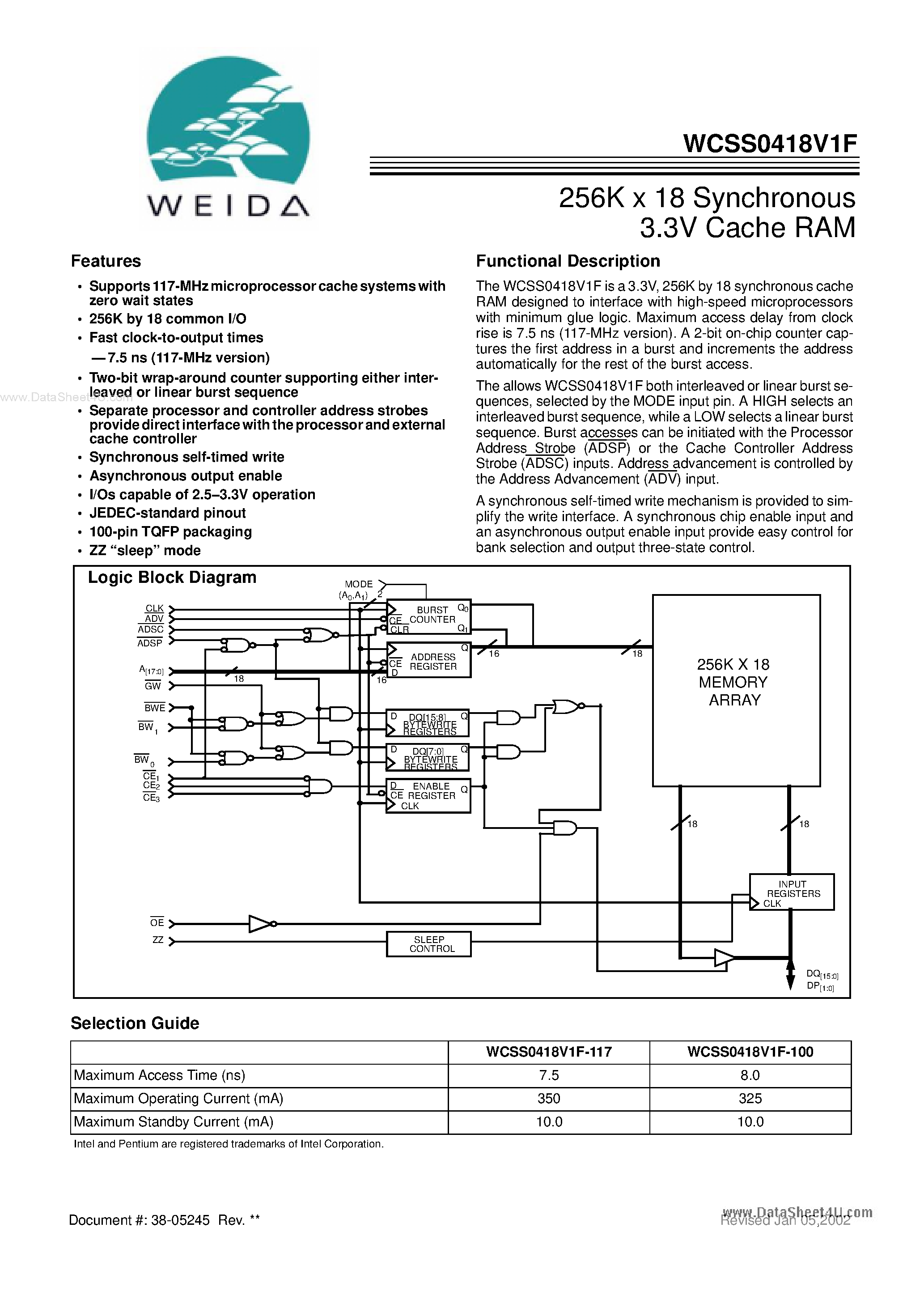 Даташит WCSS0418V1F - 256K x 18 Synchronous 3.3V Cache RAM страница 1