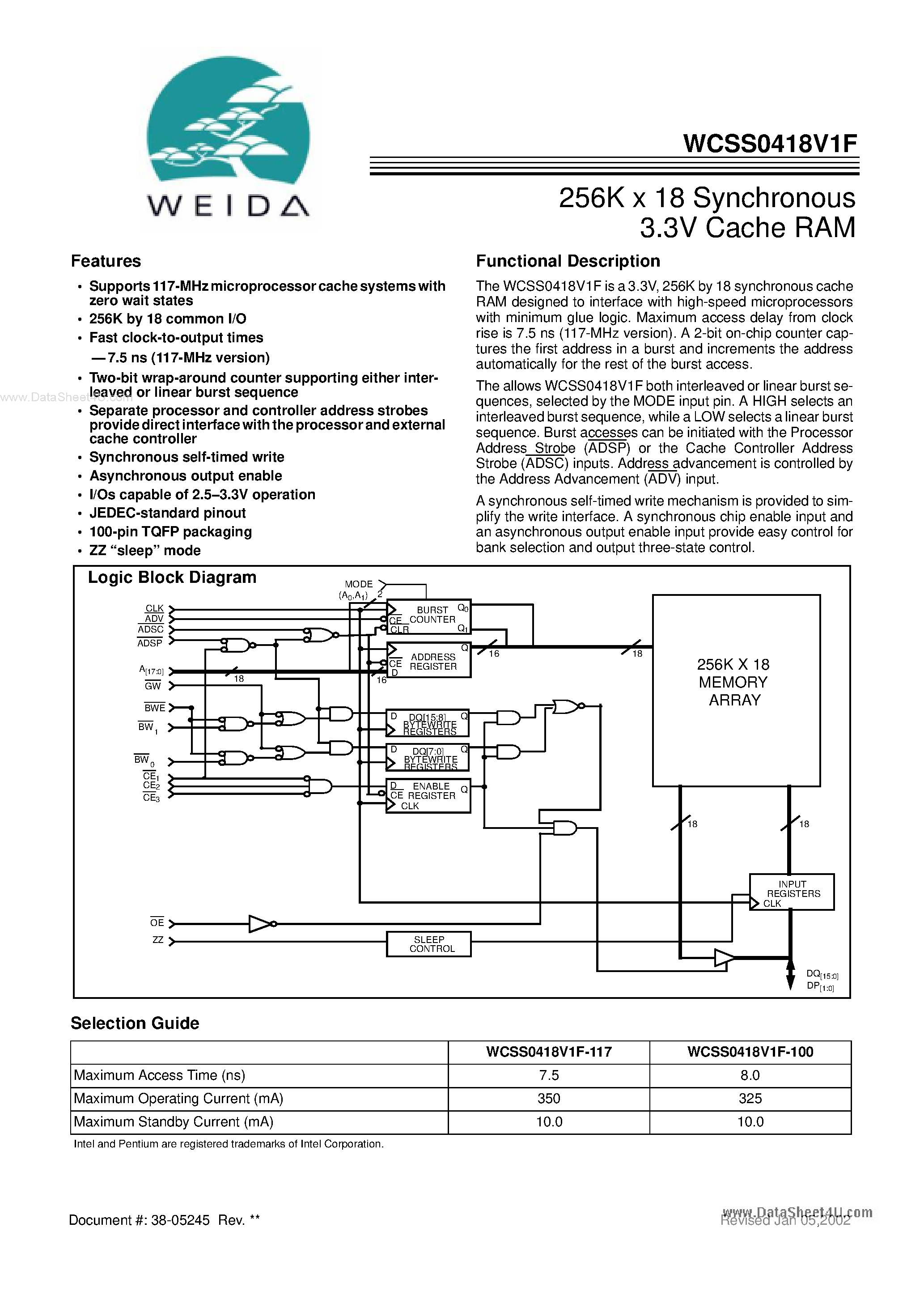 Datasheet WCSS0436V1P - 256K x 18 Synchronous 3.3V Cache RAM page 1