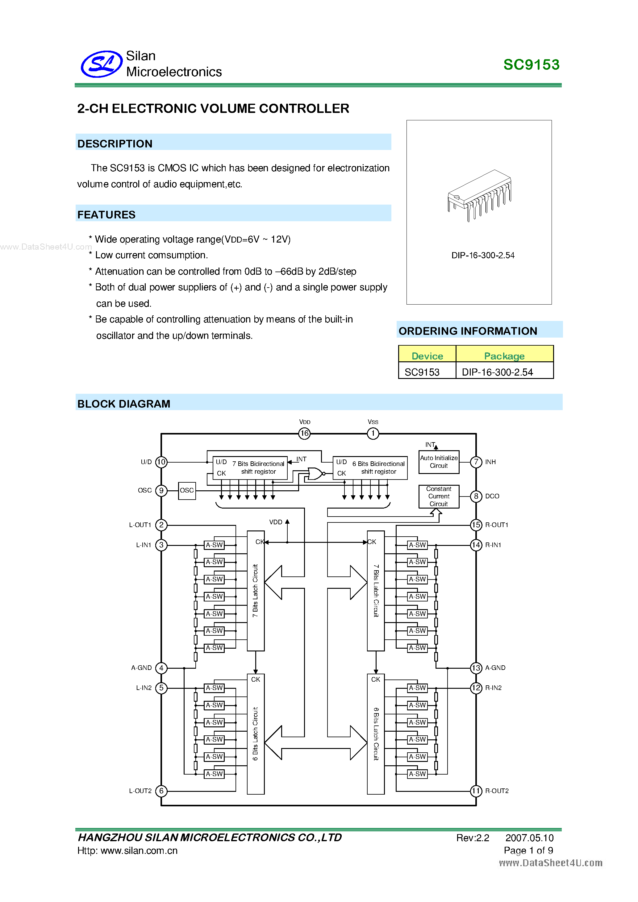 Datasheet SC9153 - 2-Channel Electronic Volume Controller page 1