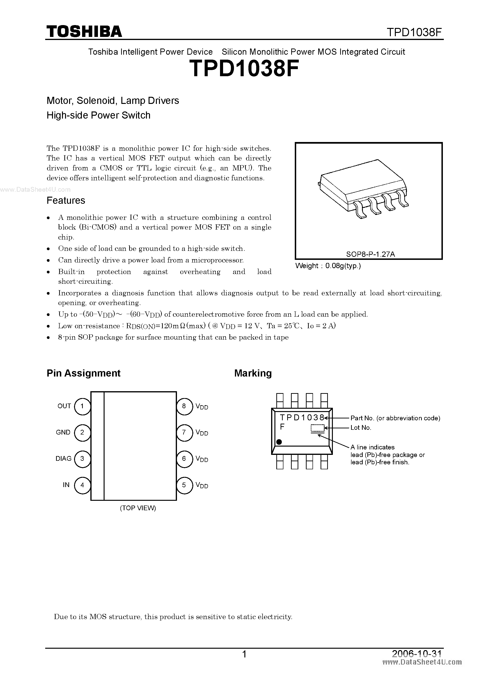 Datasheet TPD1038F - Lamp Drivers High-side Power Switch page 1
