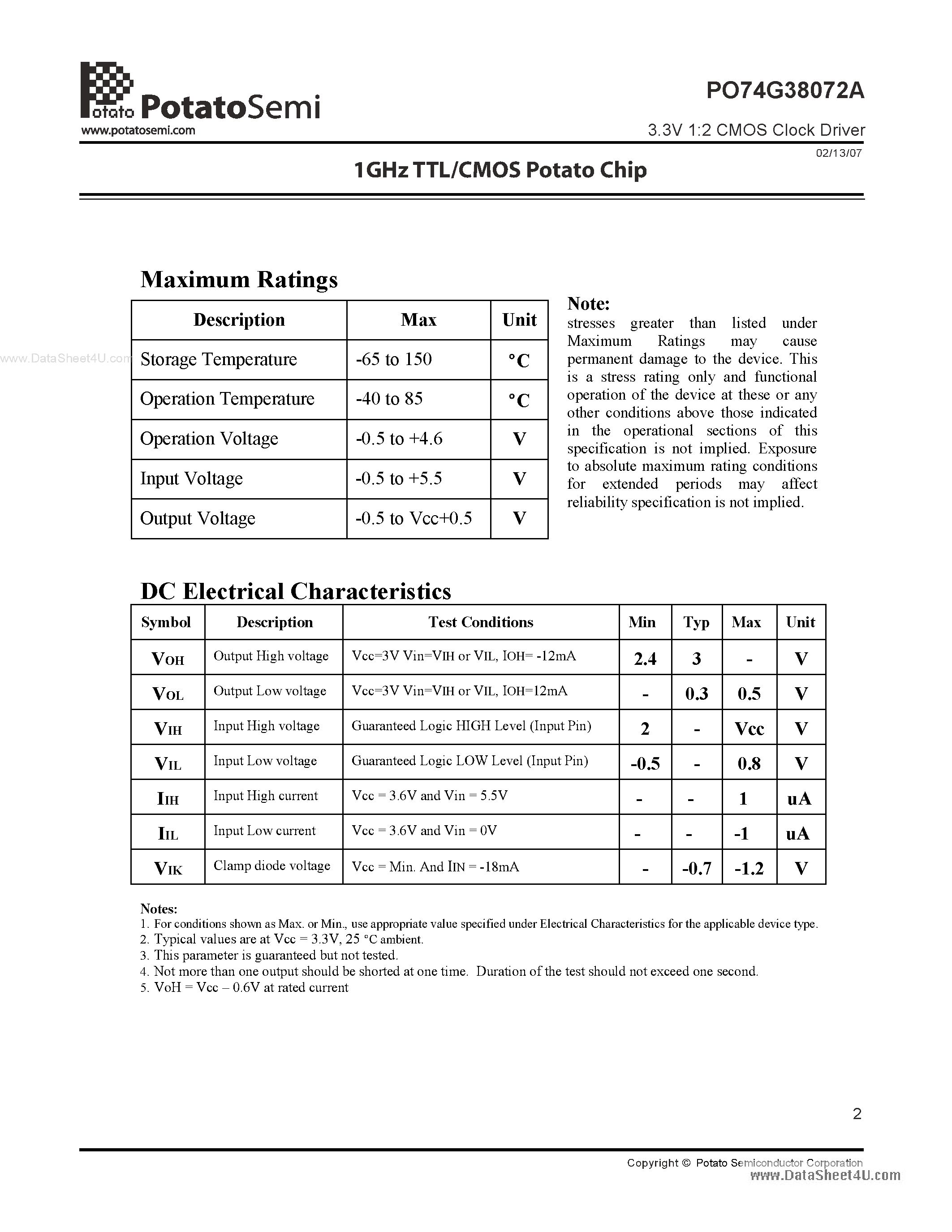 Datasheet PO74G38072A - 3.3V 1:2 CMOS Clock Driver page 2