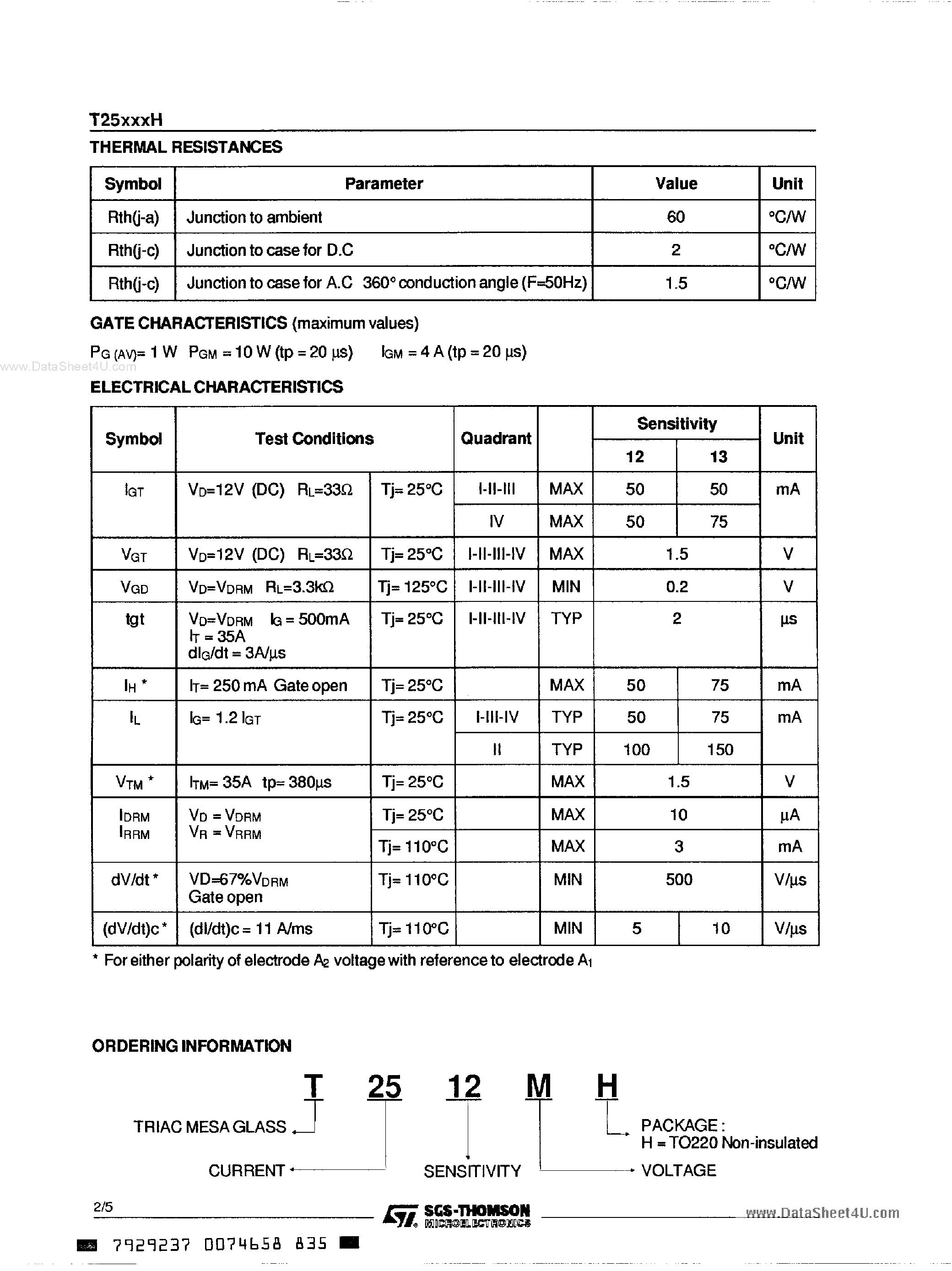 Datasheet T2513NH - STANDARD TRIACS page 2