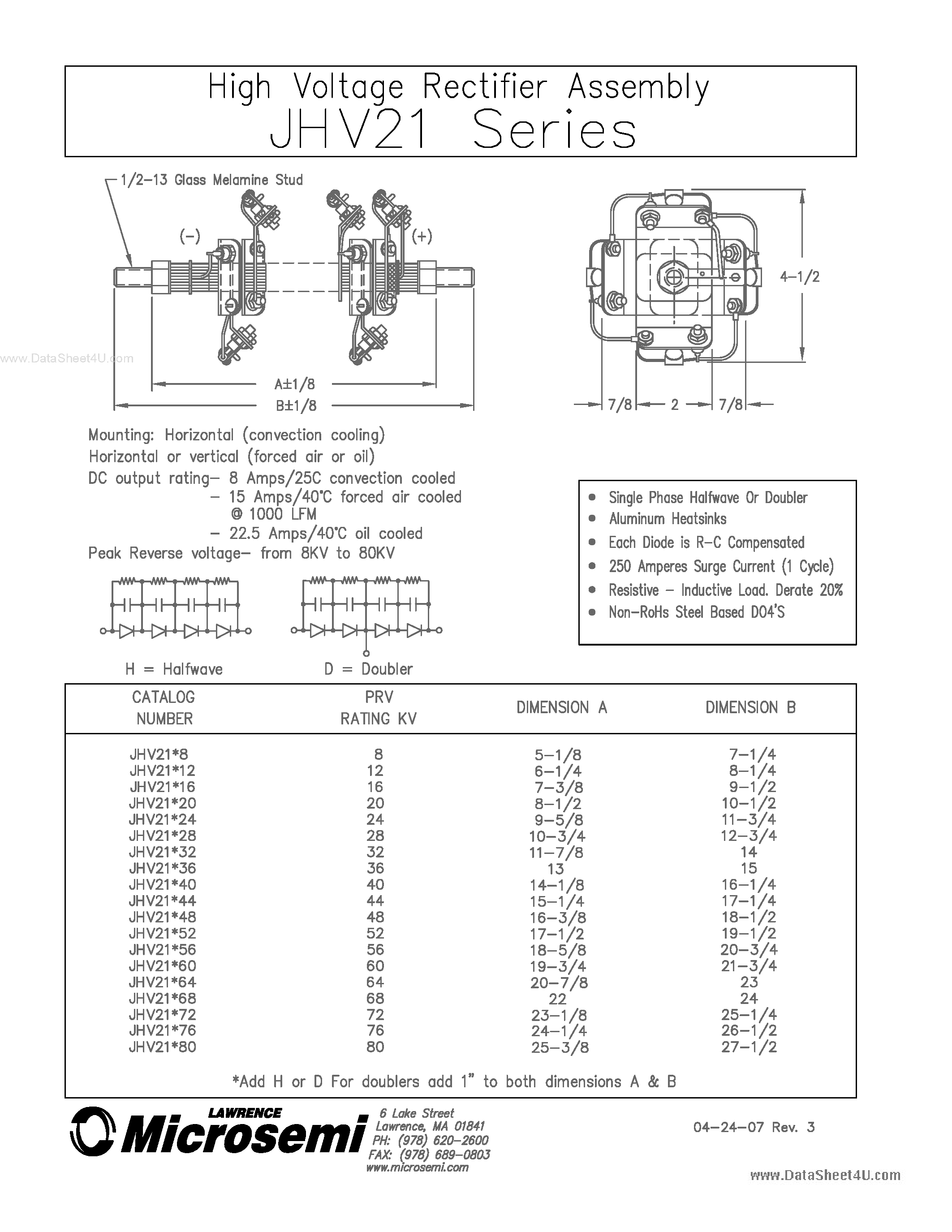 Datasheet JHV21 - HIGH VOLTAGE RECTIFIER ASSEMBLY page 1