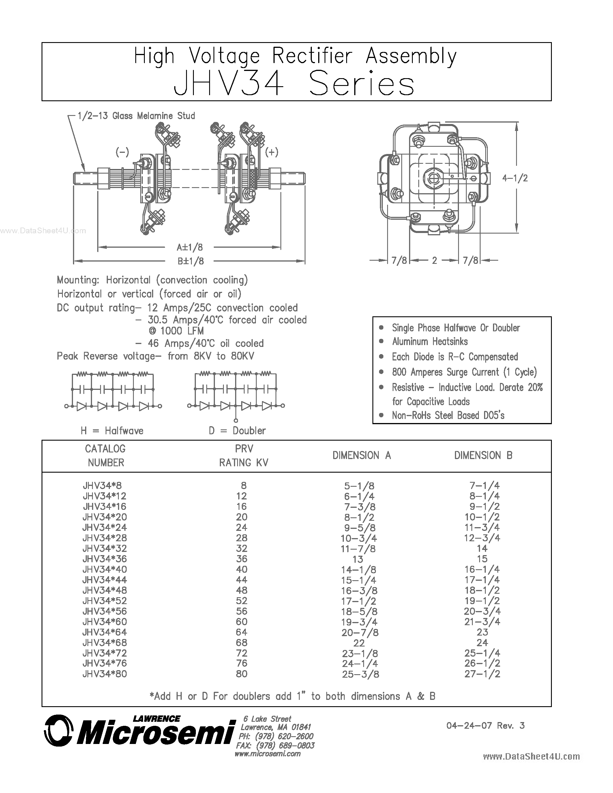 Datasheet JHV34 page 1 Datasheet JHV34 - HIGH VOLTAGE RECTIFIER ASSEMBLY page 1