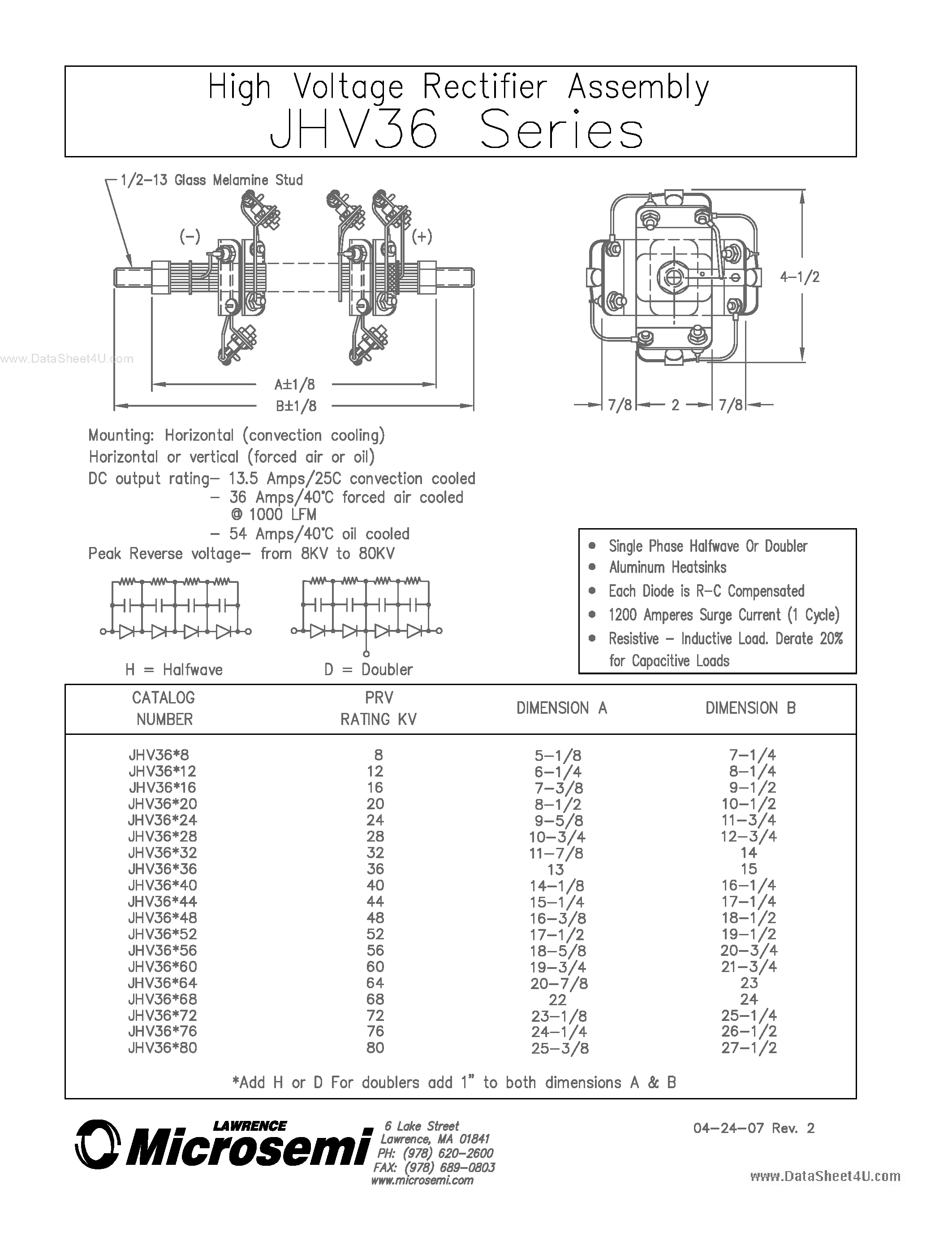 Datasheet JHV36 page 1 Datasheet JHV36 - HIGH VOLTAGE RECTIFIER ASSEMBLY page 1