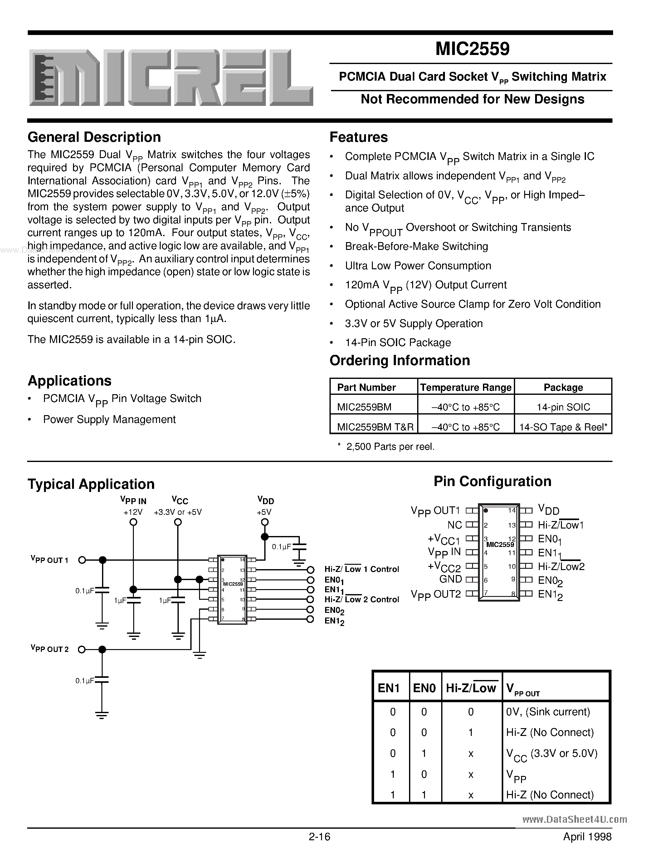 Datasheet MIC2559 page 1 Datasheet MIC2559 - PCMCIA Dual Card Socket VPP Switching Matrix page 1