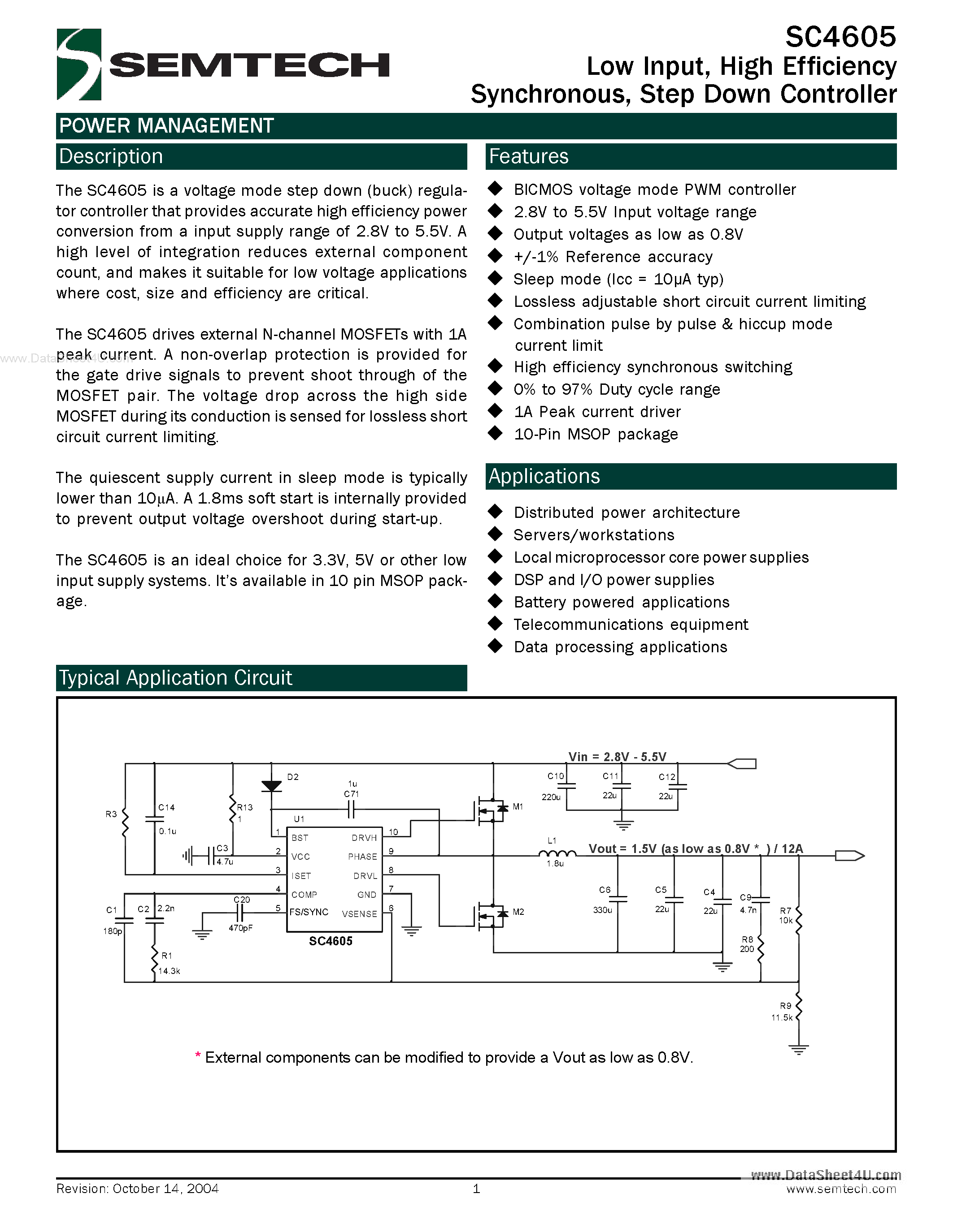 Datasheet SC4605 - Step Down Controller page 1