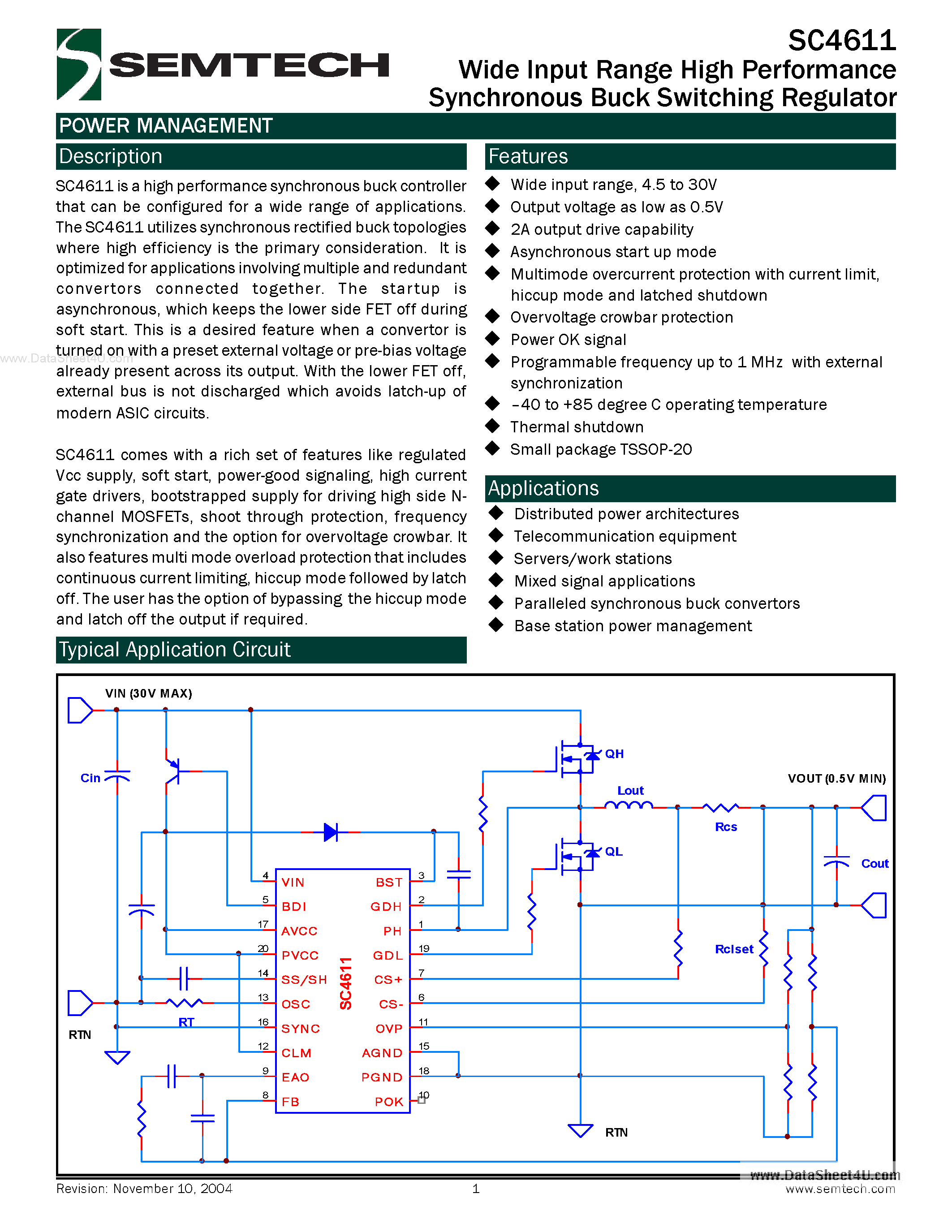 Datasheet SC4611 - Wide Input Range High Performance Synchronous Buck Switching Regulator page 1