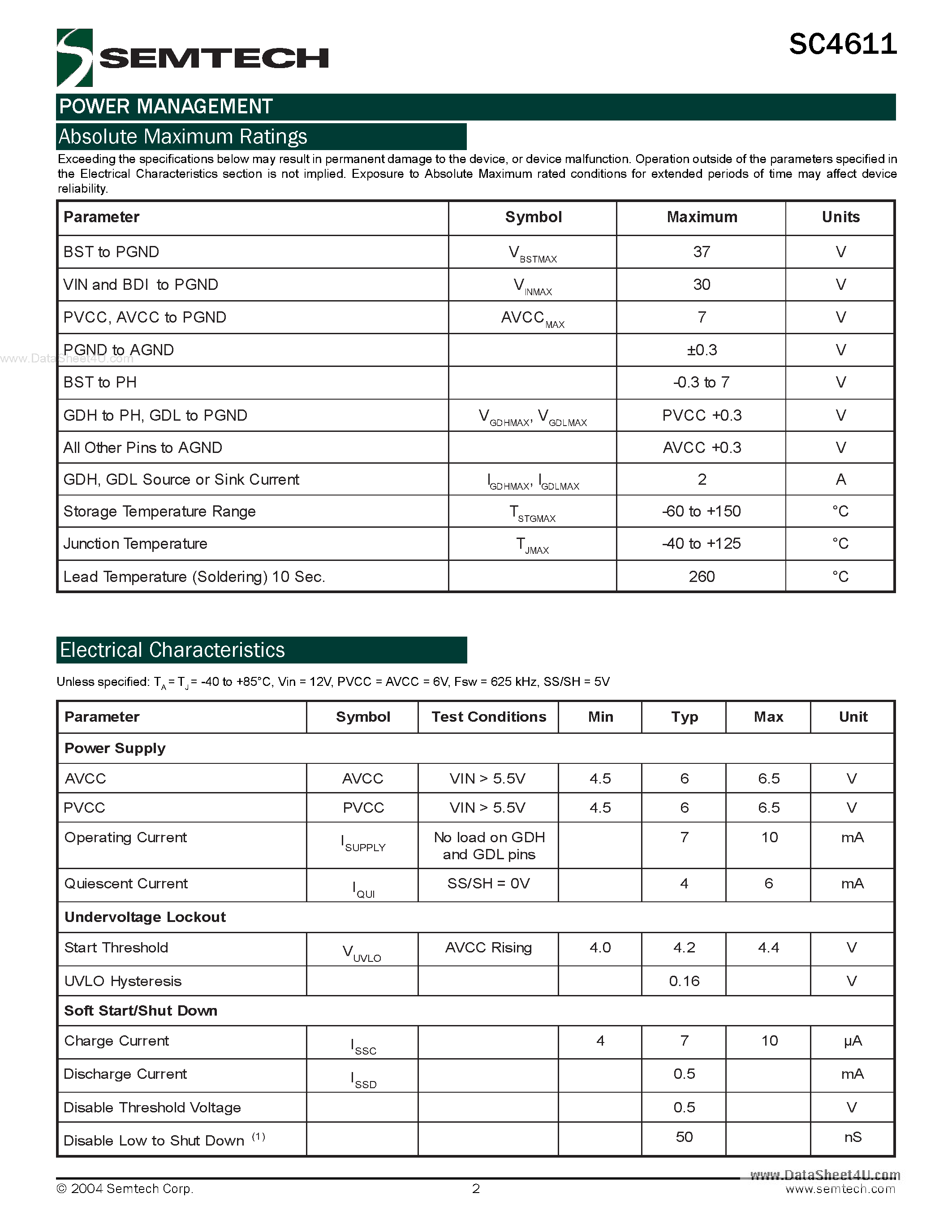 Datasheet SC4611 - Wide Input Range High Performance Synchronous Buck Switching Regulator page 2