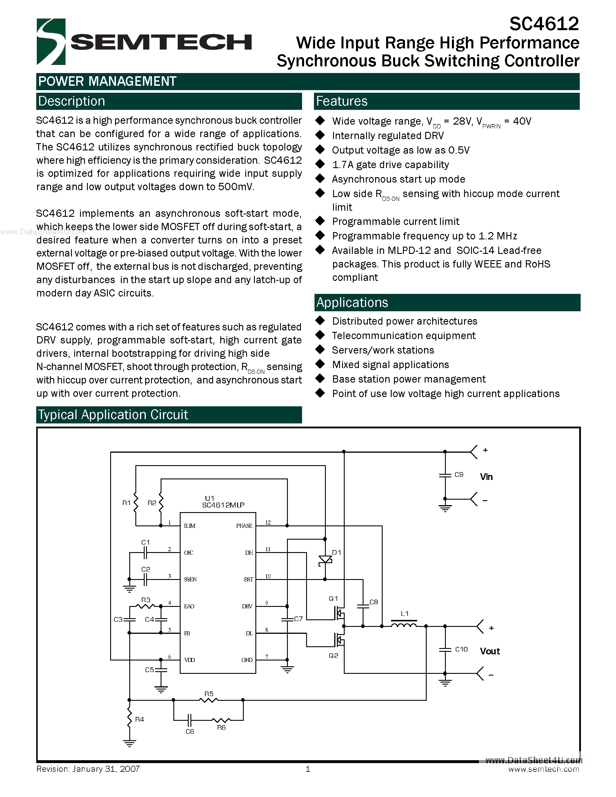 Datasheet SC4612 - Wide Input Range High Performance Synchronous Buck Switching Regulator page 1