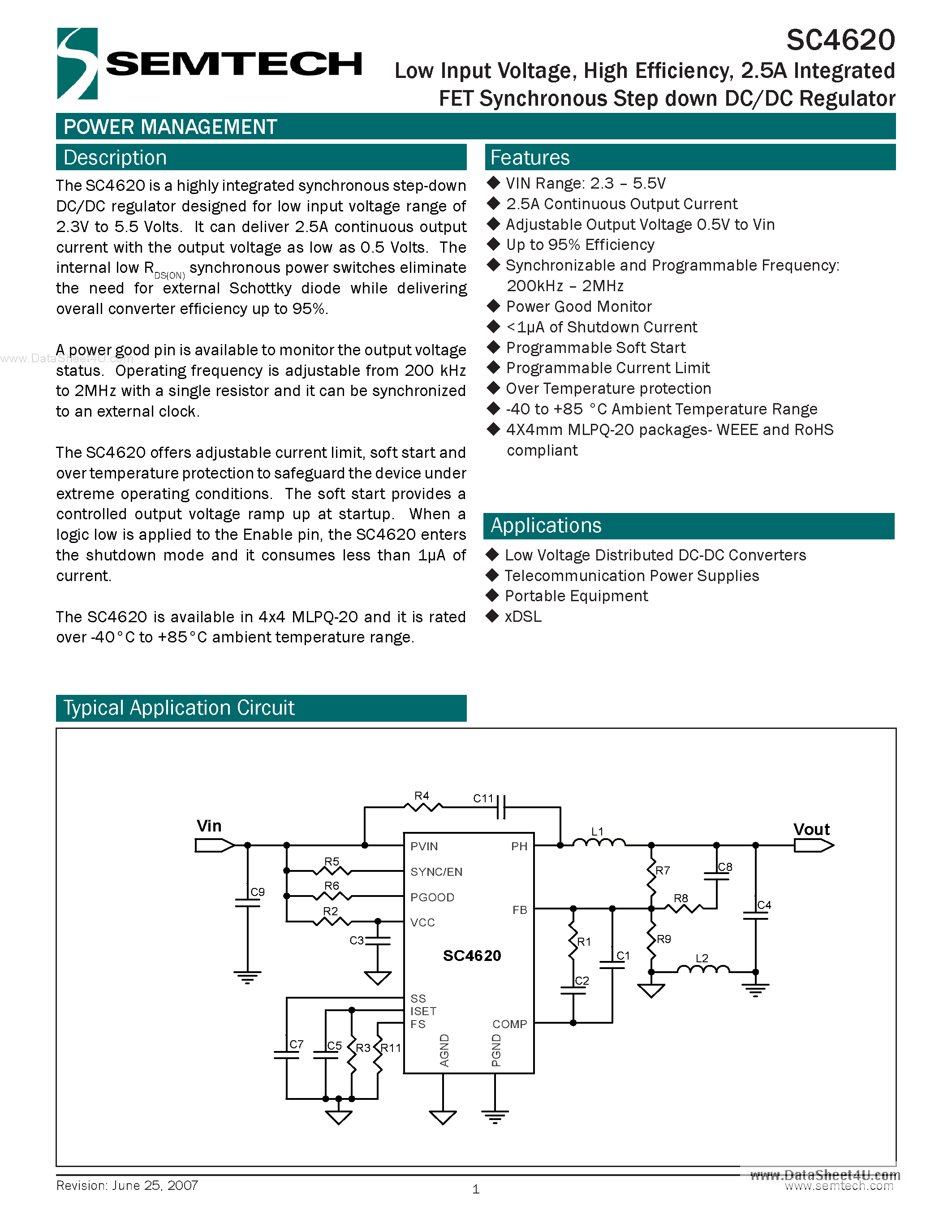 Datasheet SC4620 - 2.5A Integrated FET Synchronous Step down DC/DC Regulator page 1