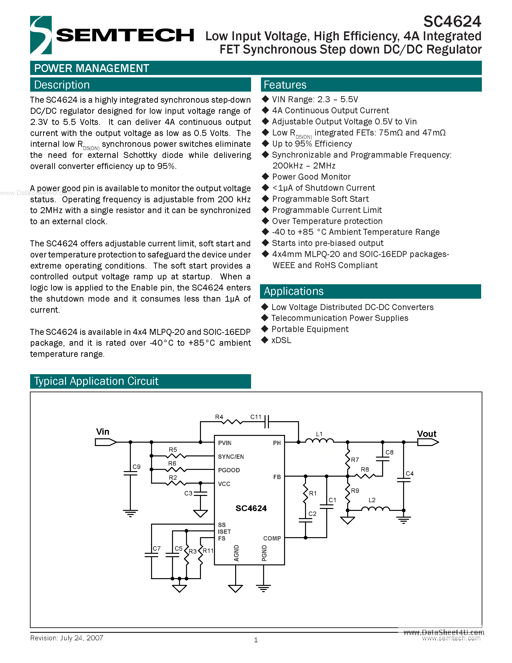 Datasheet SC4624 - 4A Integrated FET Synchronous Step down DC/DC Regulator page 1