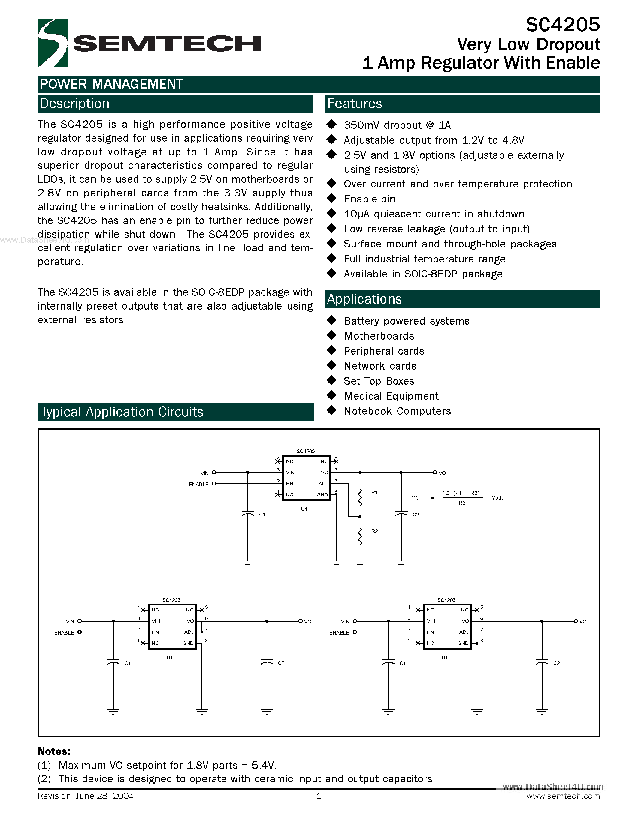 Datasheet SC4205 - Very Low Dropout 1 Amp Regulator page 1