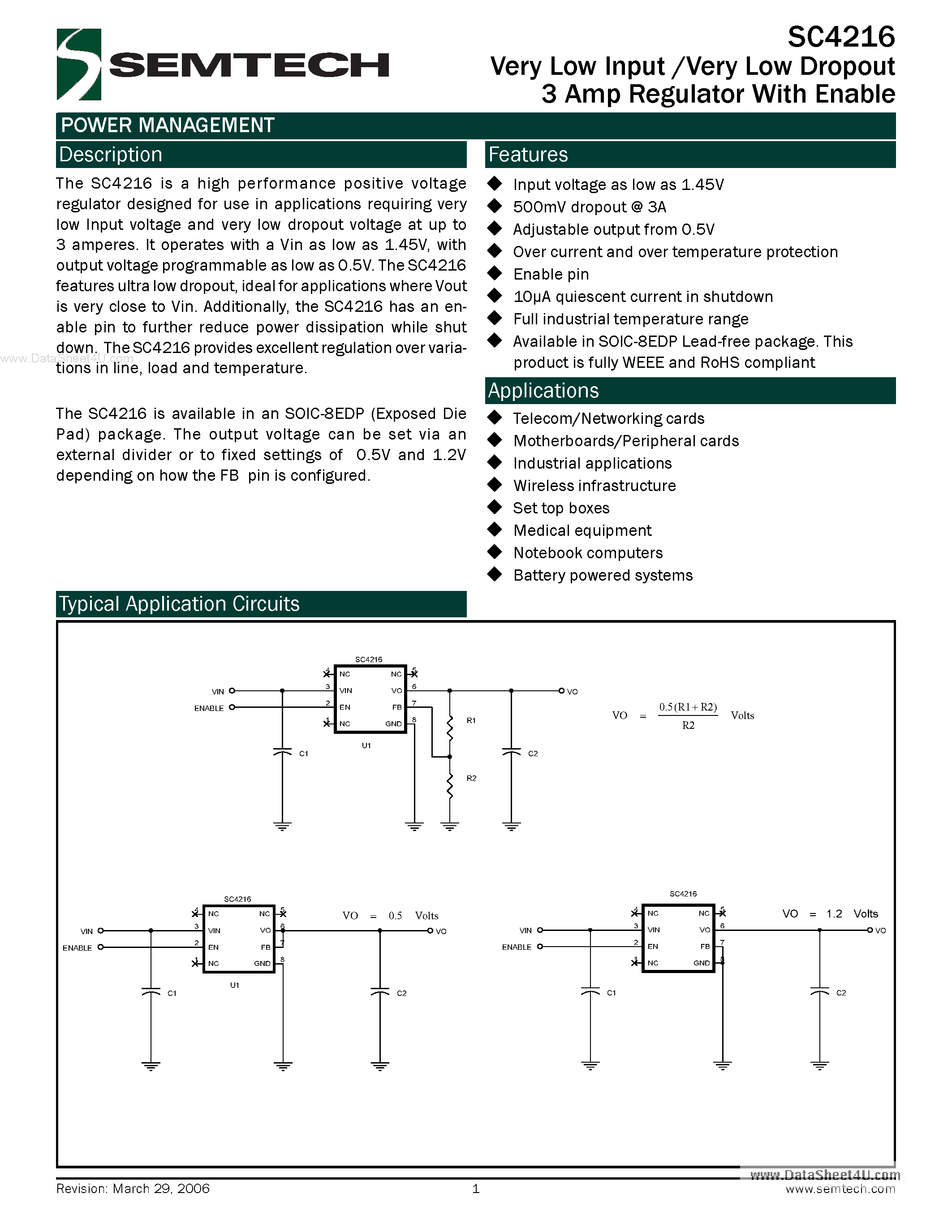 Datasheet SC4216 - Very Low Input /Very Low Dropout 3 Amp Regulator page 1