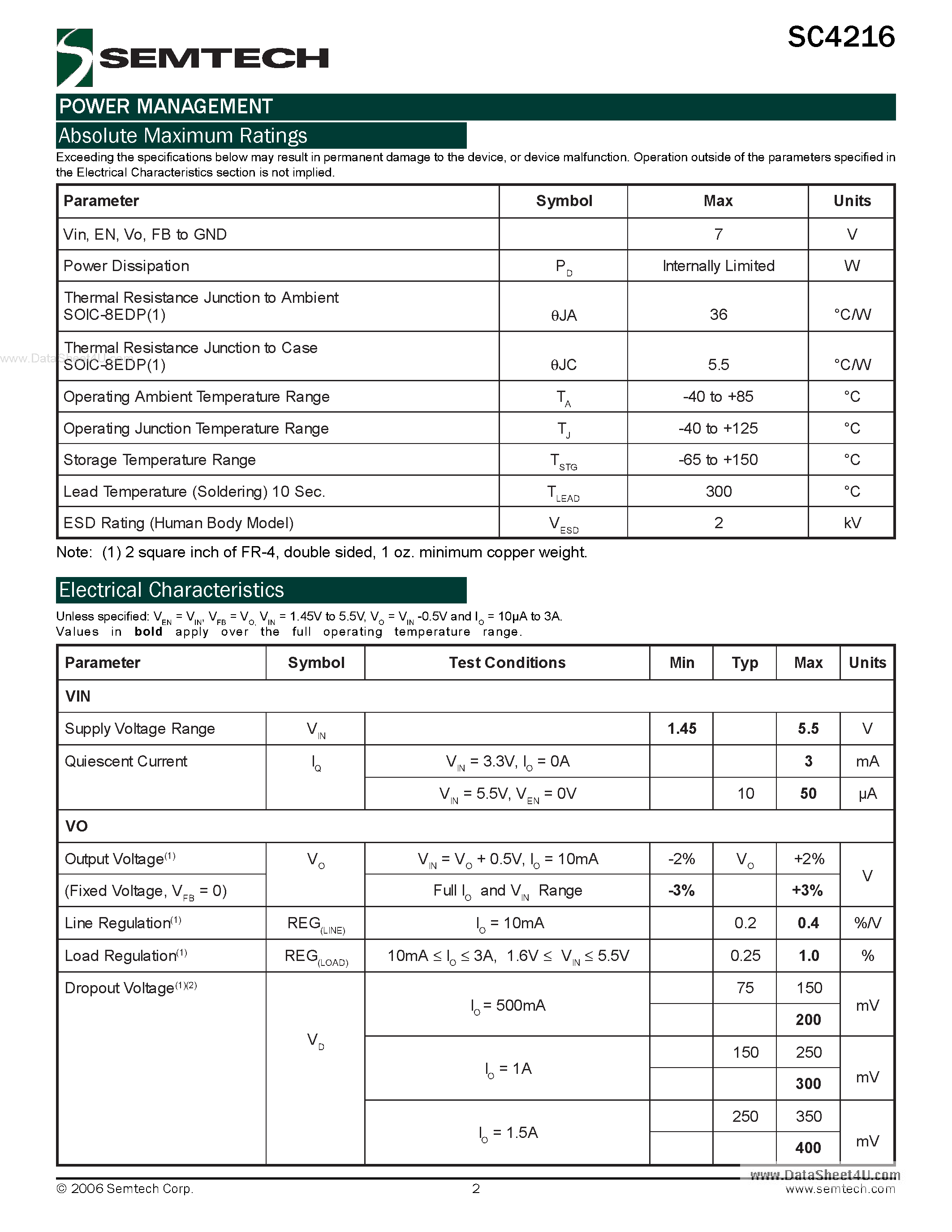Datasheet SC4216 - Very Low Input /Very Low Dropout 3 Amp Regulator page 2