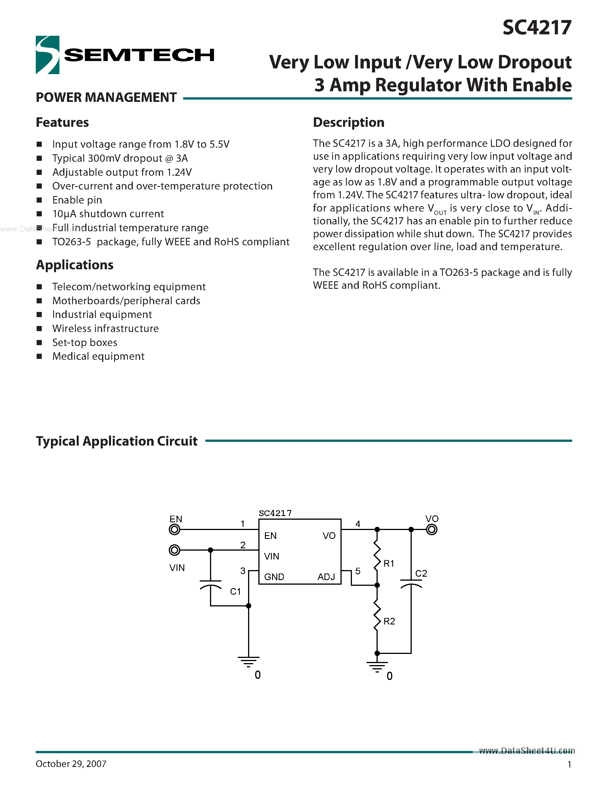 Datasheet SC4217 - Very Low Input /Very Low Dropout 3 Amp Regulator page 1