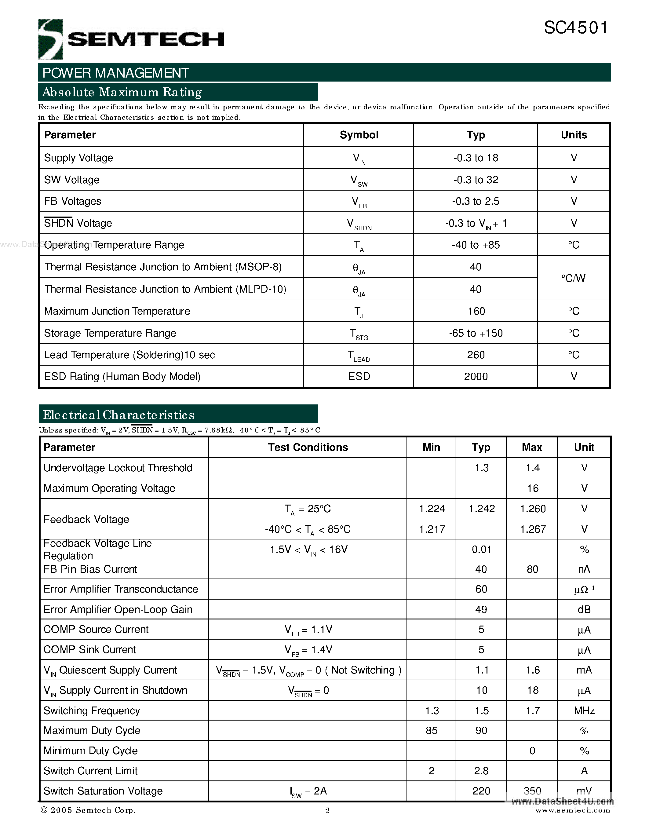 Datasheet SC4501 page 2 Datasheet SC4501 - 2MHz Step-Up Switching Regulator page 2