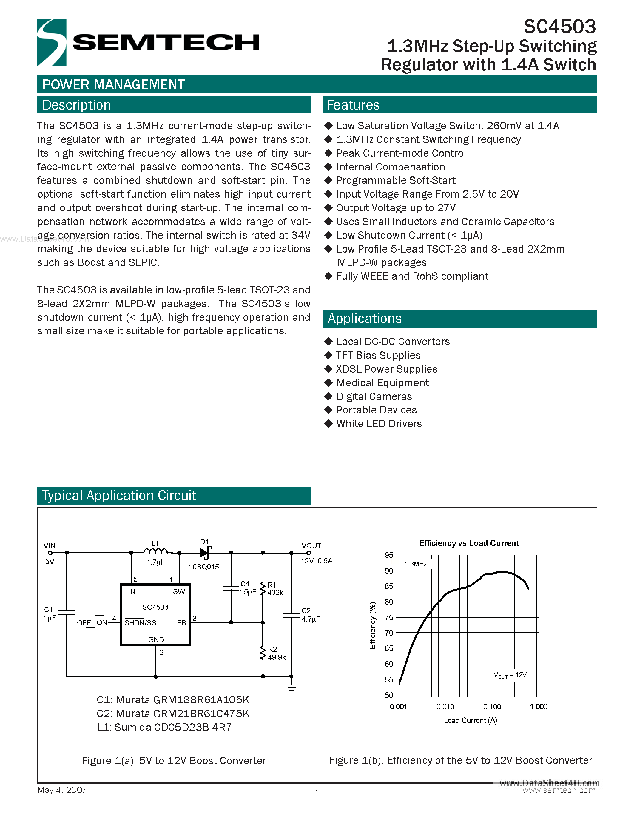 Datasheet SC4503 page 1 Datasheet SC4503 - 1.3MHz Step-Up Switching Regulator page 1
