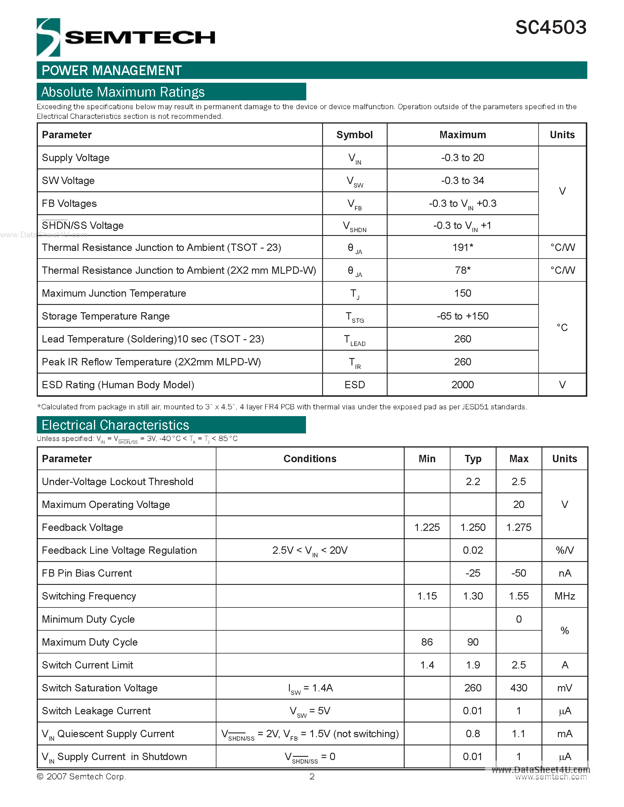 Datasheet SC4503 page 2 Datasheet SC4503 - 1.3MHz Step-Up Switching Regulator page 2