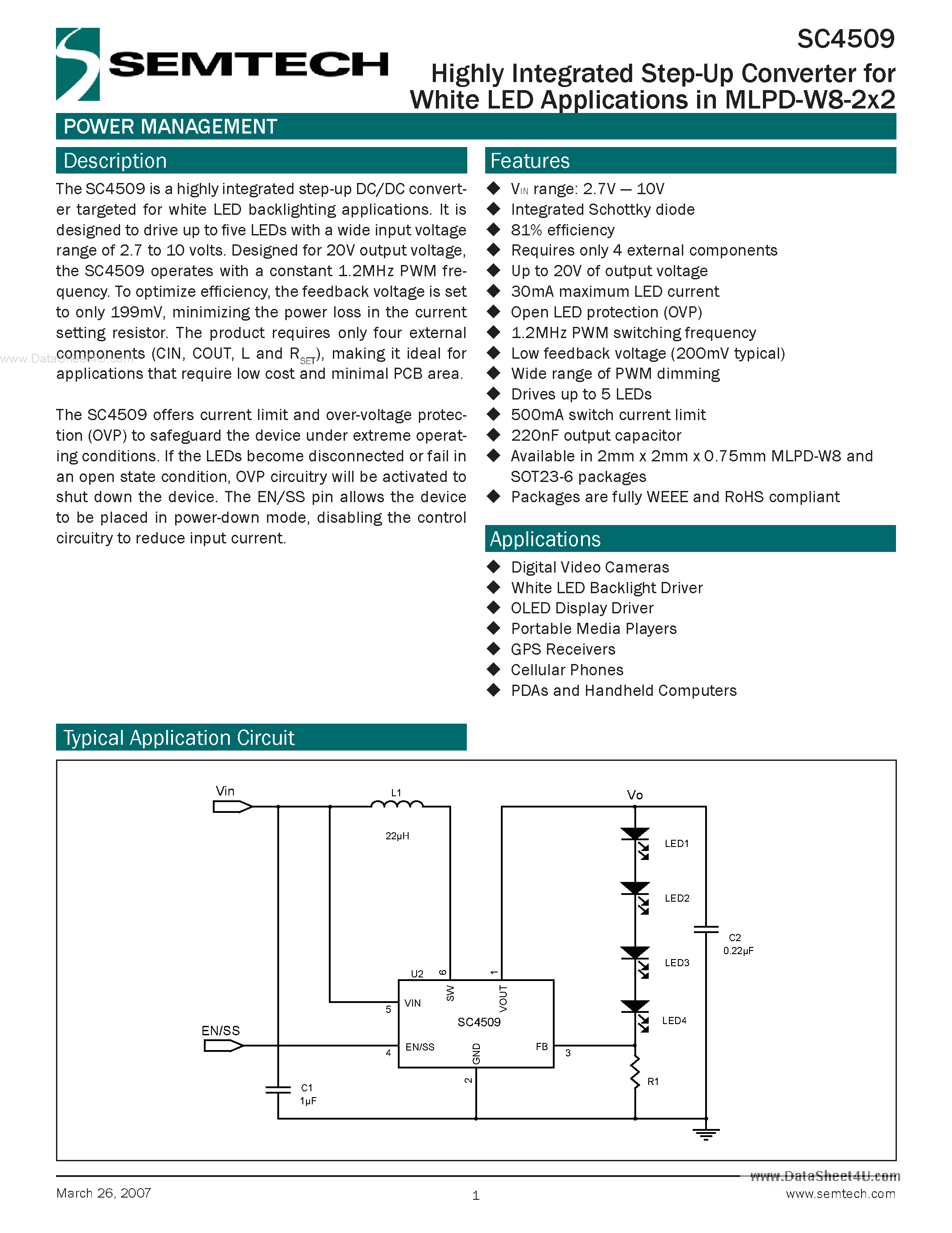Datasheet SC4509 page 1 Datasheet SC4509 - Highly Integrated Step-Up Converter page 1