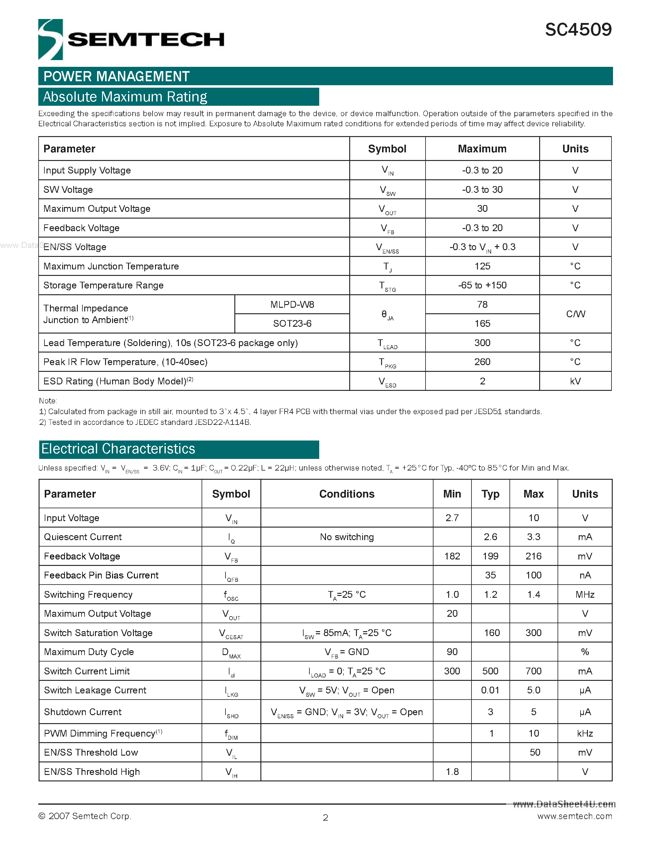 Datasheet SC4509 page 2 Datasheet SC4509 - Highly Integrated Step-Up Converter page 2