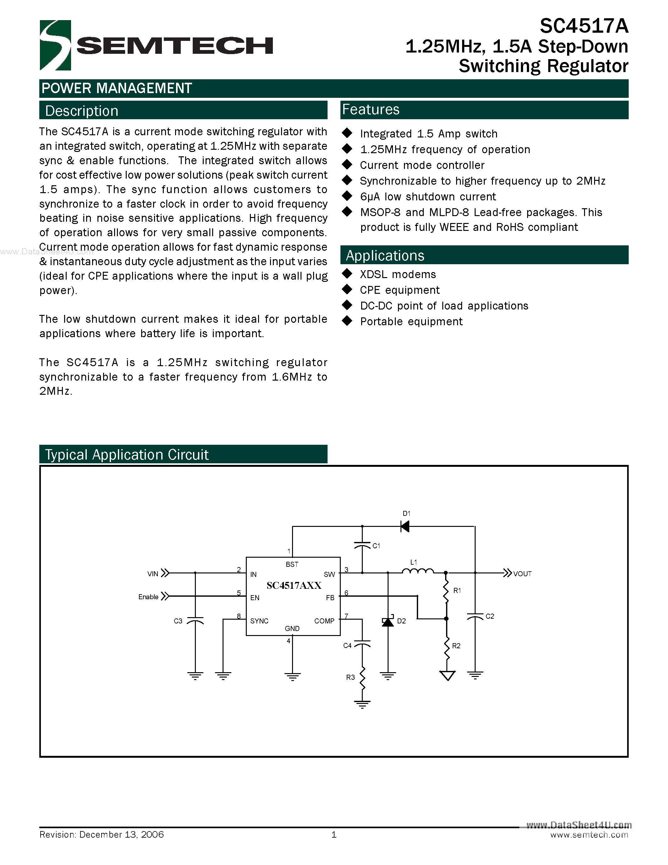 Datasheet SC4517A page 1 Datasheet SC4517A - 1.5A Step-Down Switching Regulator page 1